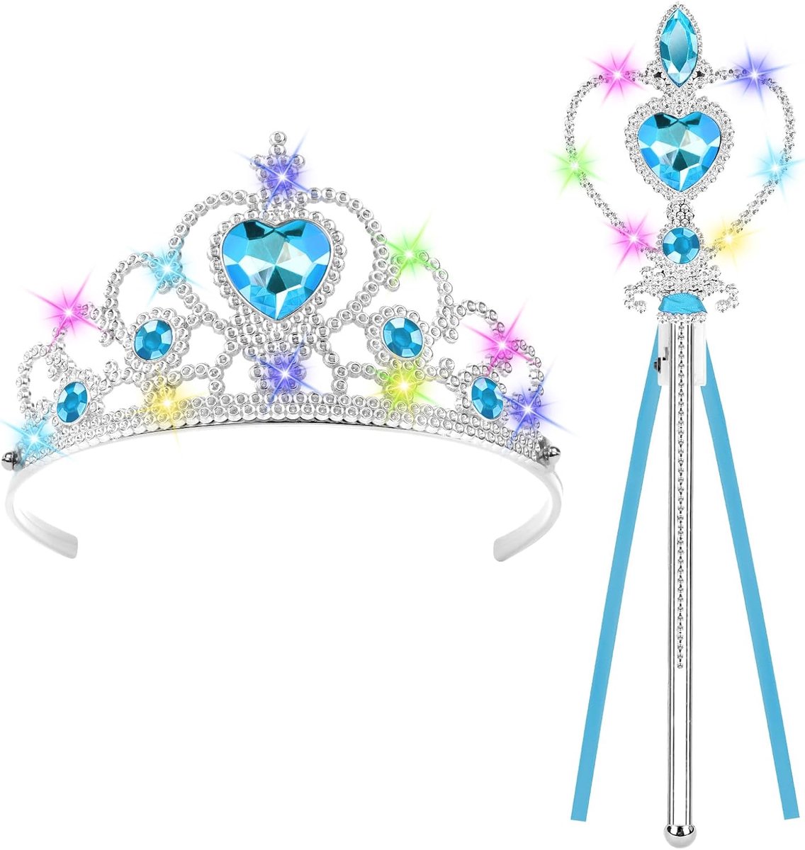 Aankleed Accessoires, Prinsessen Toverstaf Set, met Kroon en Toverstaf, LED-Licht Princess Tiara, Feeënstaf Set, voor Verjaardag, Feest, Cosplay, Halloween