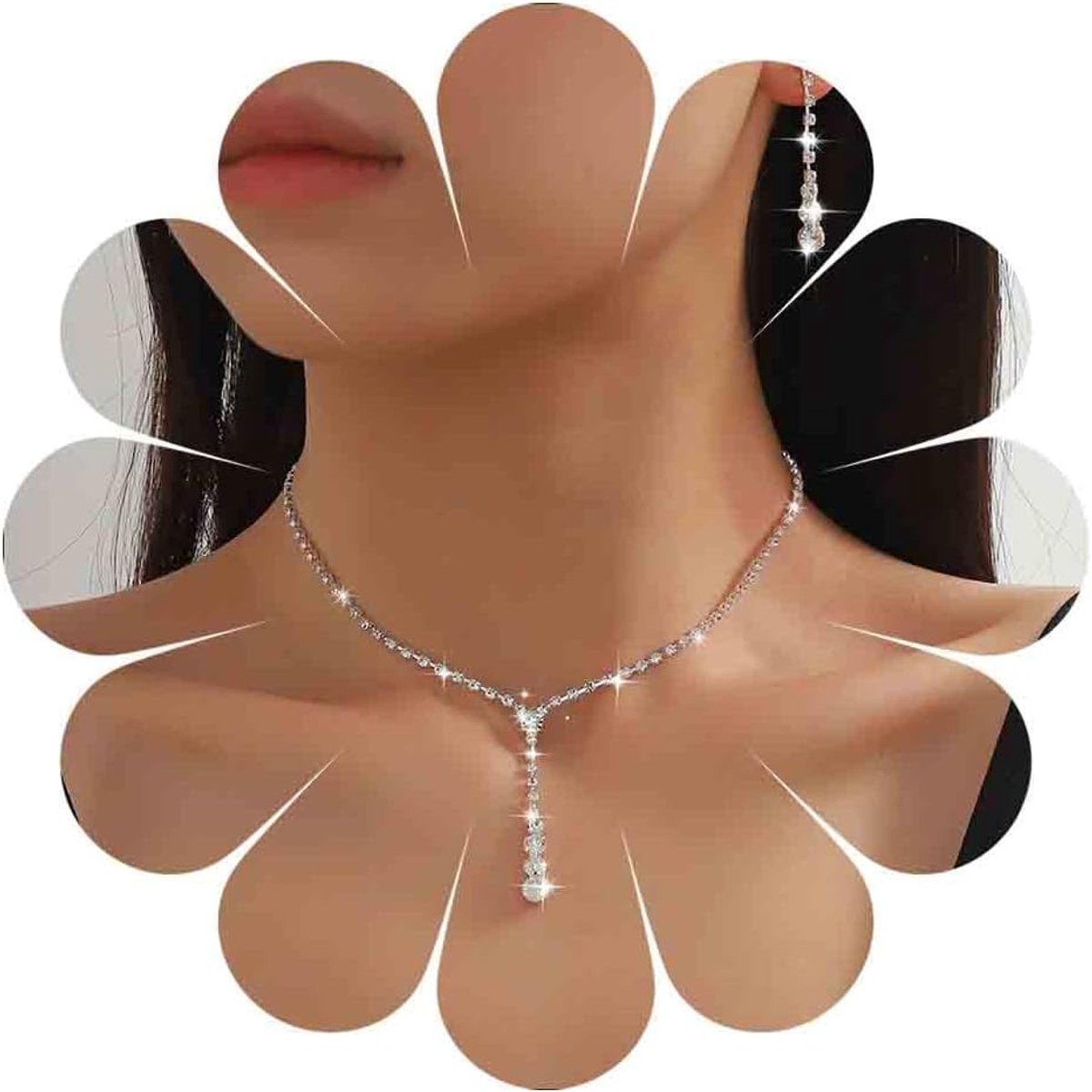 Bruidsketting van kristal, oorbelset, halsketting met strass-steentjes en lariaat, oorbellen, kwast, kristal, halsketting, gouden tennis, bruidssieraden, halsketting met kubische zirkonia