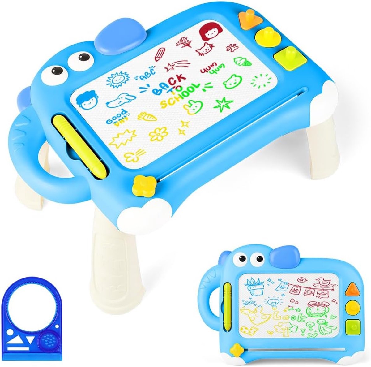 Magnetisch Tekenbord, Peuterspeelgoed, Tekenblok met Pen, Stempels, Liniaal en 4 Pootjes, Leerzaam Educatief Speelgoed Voor 1, 2 Of 3 Jaar Oud, Voor Baby's en Kinderen (Blauwe Olifant)