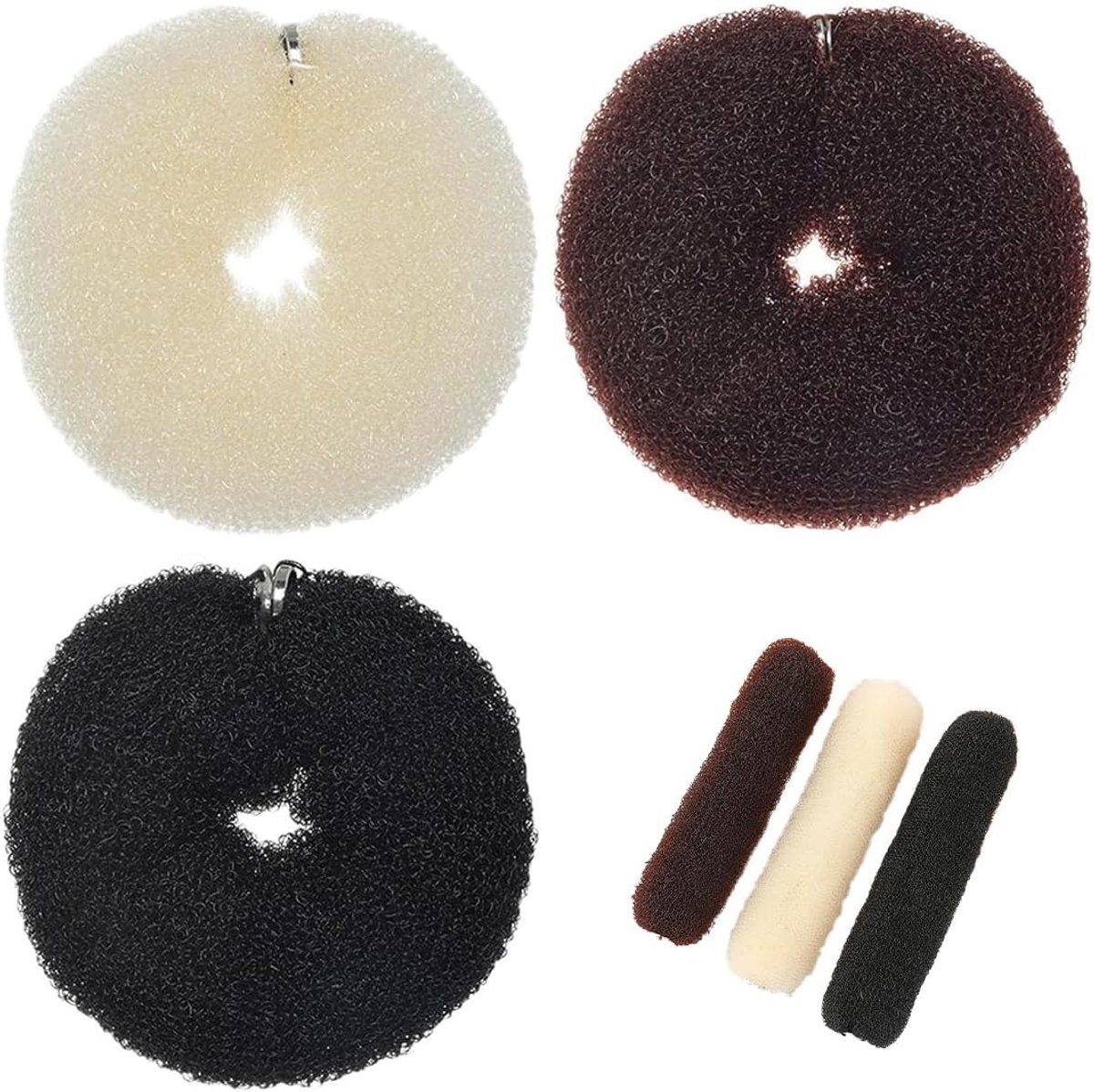haar kussen set, 4 grote knotkussens, knotmaker & accessoires voor opgestoken kapsels, haar - donut & haar - knot in zwart, bruin & crème - wit.