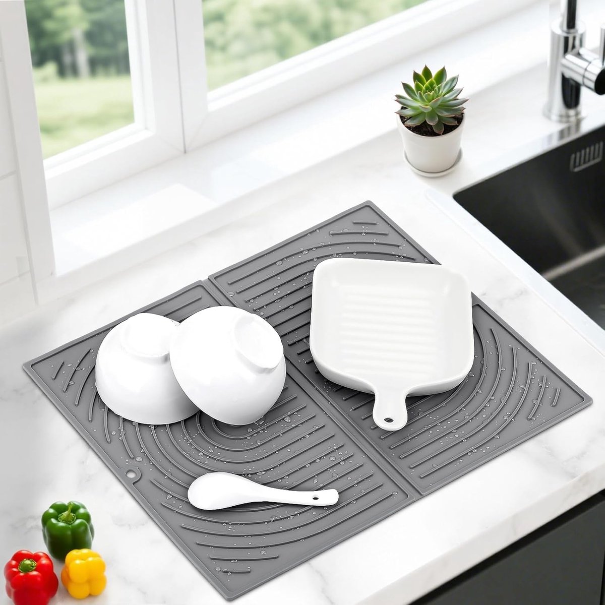 Siliconen, Afdruiprek Afwasdroogmat voor Keukenteller, Vouwbare Wasbakdrainer Mat, Antislip Siliconen Drainer Mat, Snel Droog, Hittebestendig, voor Wasbak, Aanrecht, 43×34 cm (Grijs)