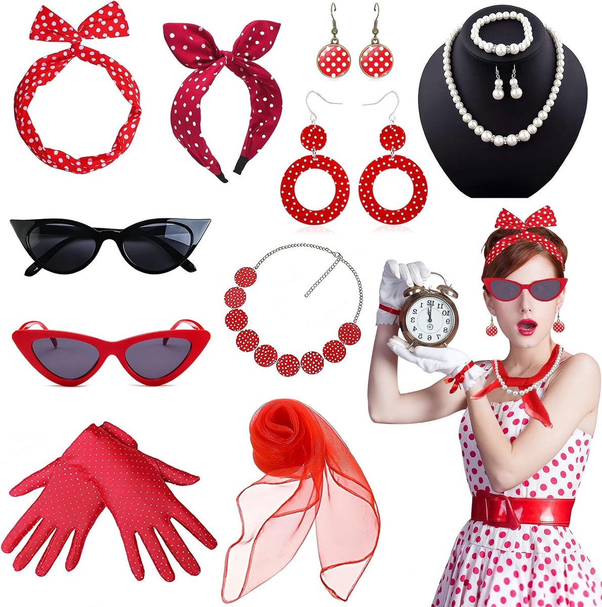 12-delige Rockabilly Accessoireset voor Dames - Retro Kostuumaccessoires met Chiffon Sjaal, Handschoenen, Hoofdband, Parelketting en Oorbellen voor Carnaval en Feestjes