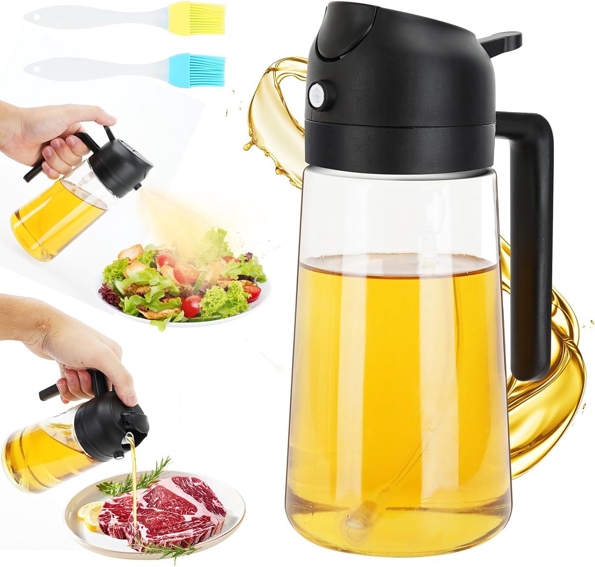Oliesproeier voor spijsolie, 2-in-1 oliespuitfles, 470 ml, oliesproeier