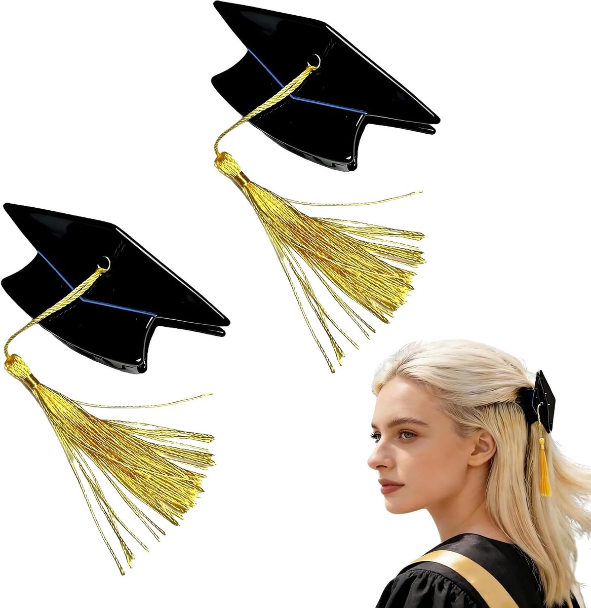 2 stuks afstudeermuts haarclip met gele pompon, haarspeldenset voor doctoraatmuts, voor studenten, afstuderen, fotoshoot, feestdecoratie