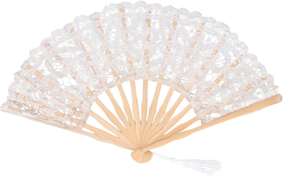 Kant Opvouwbare Handventilator Geborduurde Bruidshandventilator met Bamboestokken voor Bruiloftsdecoratie Dansfeest (Beige)