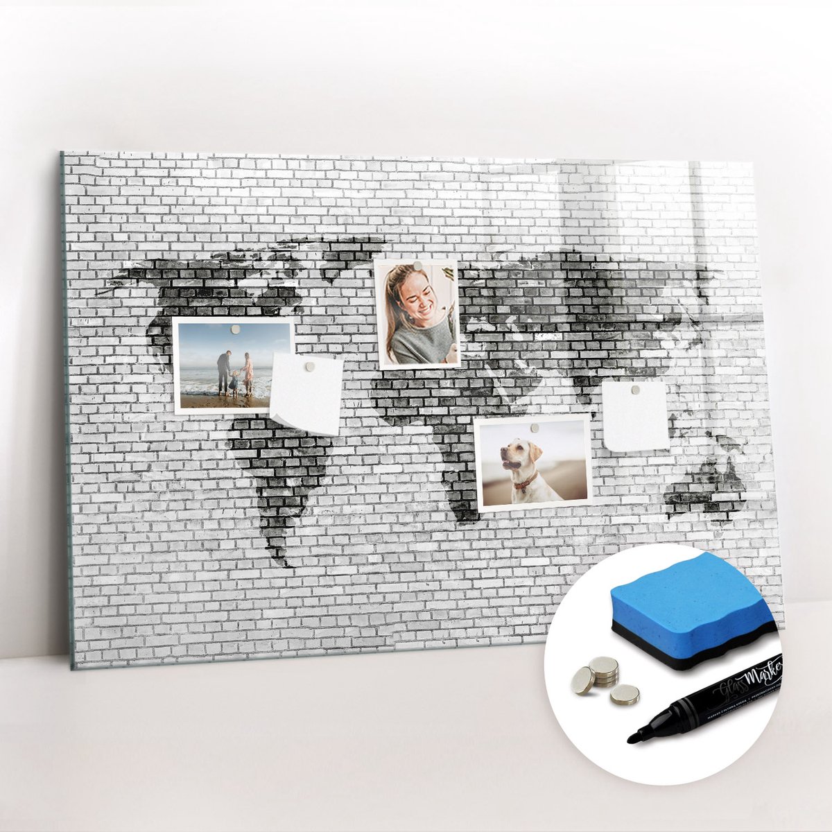 Tulup Whitebord - Wereldkaart van een bakstenen muur - 90 x 60 cm - Grijs Foto Magneetbord - Gratis 5 Sterke Magneten + Whiteboard Marker & Wisser - Interieur Accessoires Kantoor - Memobord Keuken - Productiviteit Tools