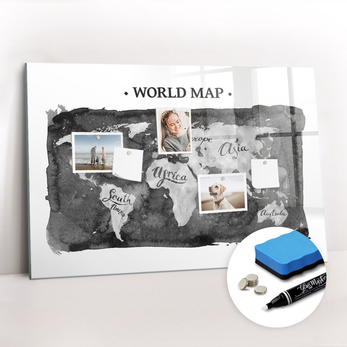 Tulup Whitebord - Retro wereldkaart - 90 x 60 cm - Grijs Magnetisch Bord Kind - Gratis 5 Sterke Magneten + Whiteboard Marker & Wisser - Design Memobord - Magnetic Board - Inspiratiebord Kantoor
