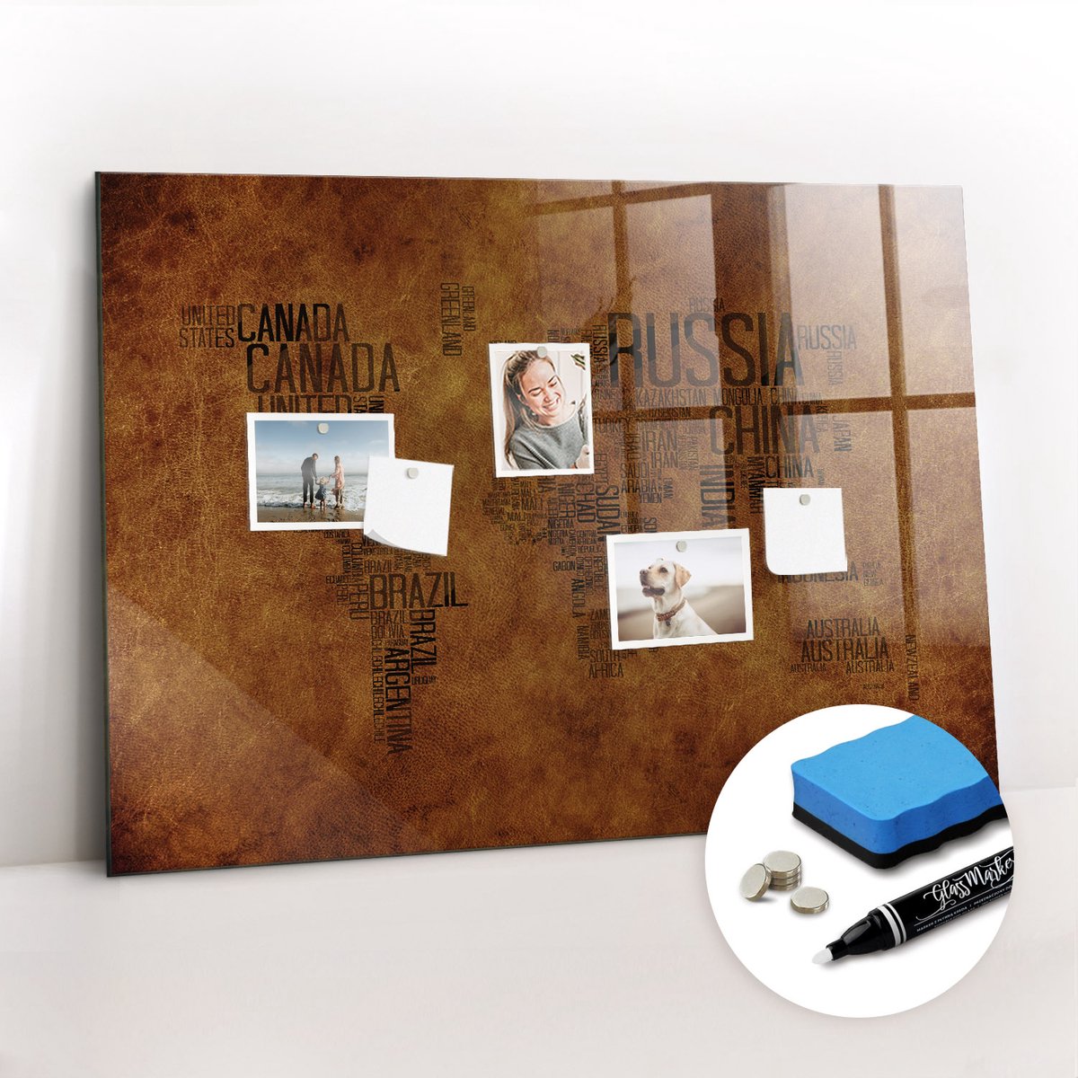 Tulup Whitebord - Kaart met landnamen - 100 x 70 cm - Bruin Foto Magneetbord - Gratis 5 Sterke Magneten + Whiteboard Marker & Wisser - Minimalistisch Prikbord - Magnet Board - Planning Muur