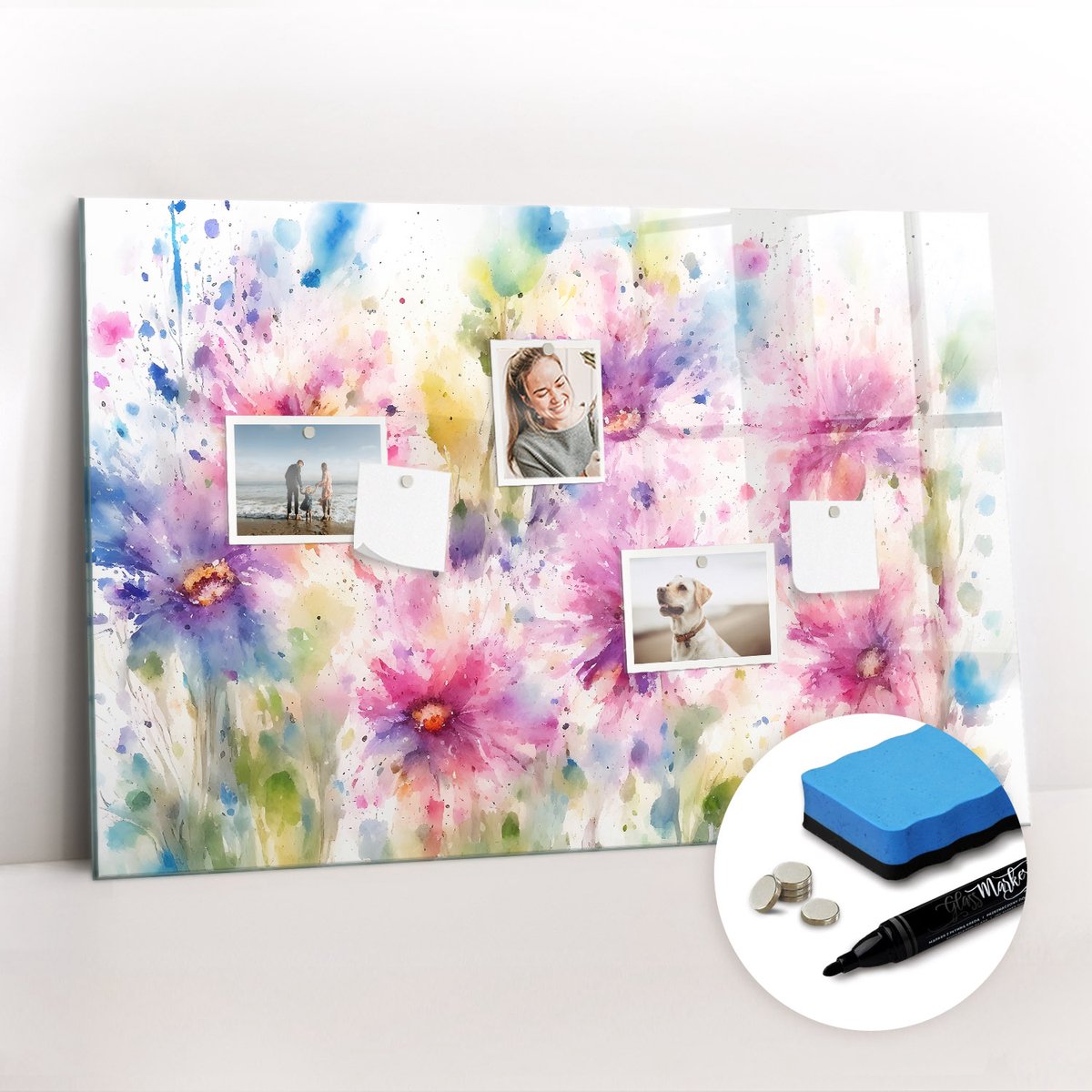 Tulup Whitebord - Geschilderde bloemen - 90 x 60 cm - Veelkleurig Magneetbord Muur - Gratis 5 Sterke Magneten + Whiteboard Marker & Wisser - Minimalistisch Prikbord - Foto Magneetbord - Organiseer Je Bureau