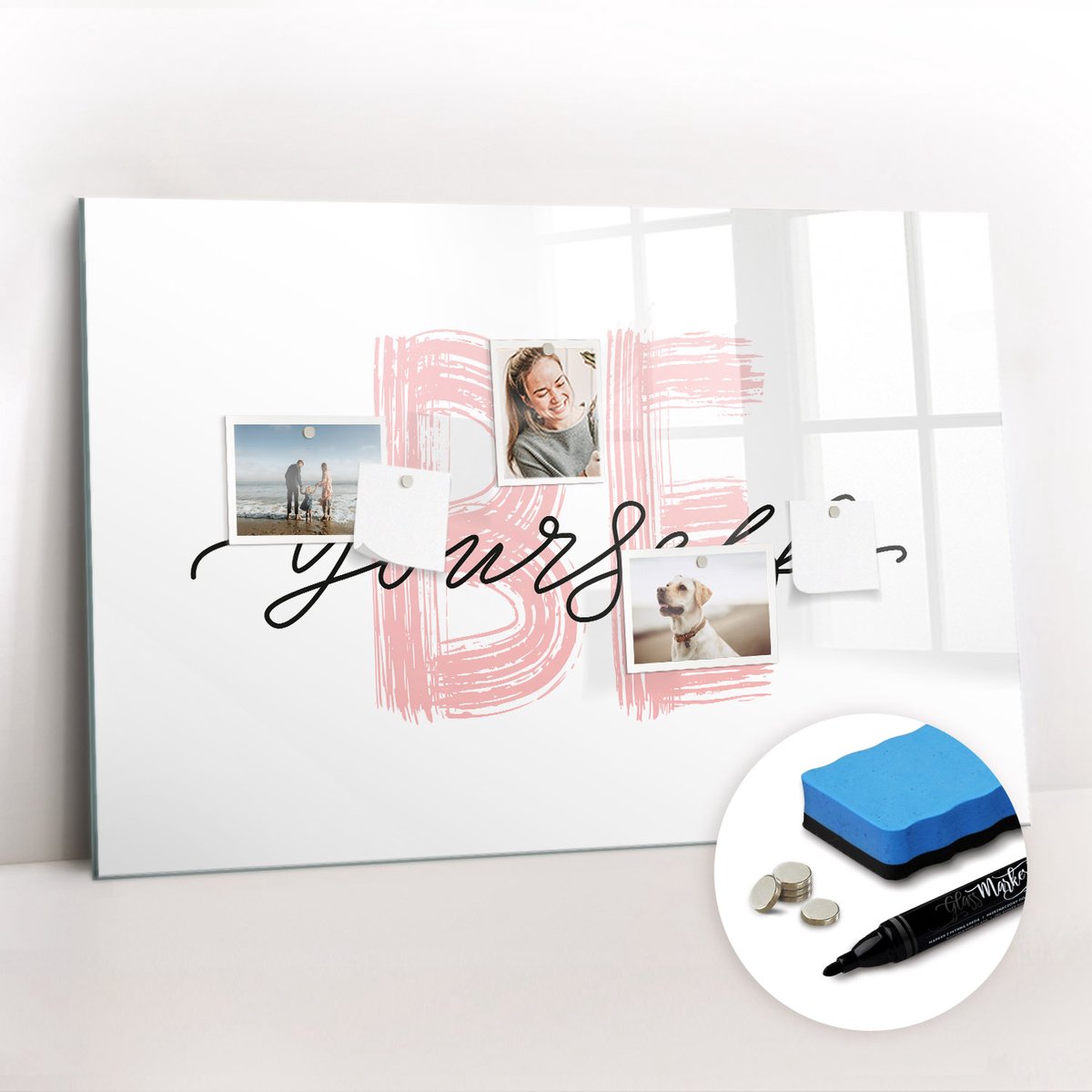 Tulup Whitebord - Motivatie-inscriptie: Wees jezelf - 90 x 60 cm - Wit Memobord Glas - Gratis 5 Sterke Magneten + Whiteboard Marker & Wisser - Minimalistisch Prikbord - Memo Magneetbord - Planning Muur