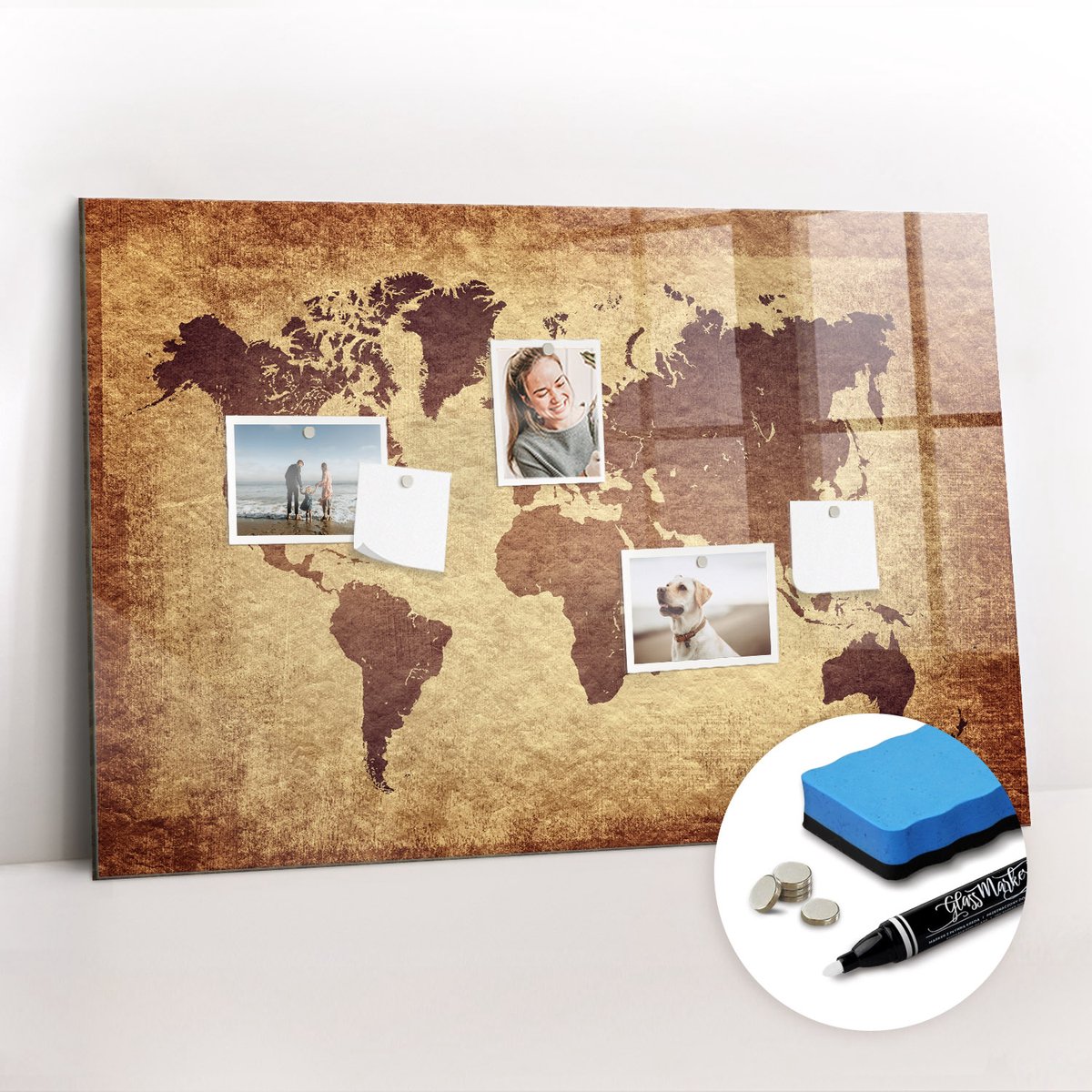 Tulup Whitebord - Oude wereldkaart - 90 x 60 cm - Bruin Memobord Glas - Gratis 5 Sterke Magneten + Whiteboard Marker & Wisser - Minimalistisch Prikbord - Magnetisch Memobord - Organiseer Je Bureau