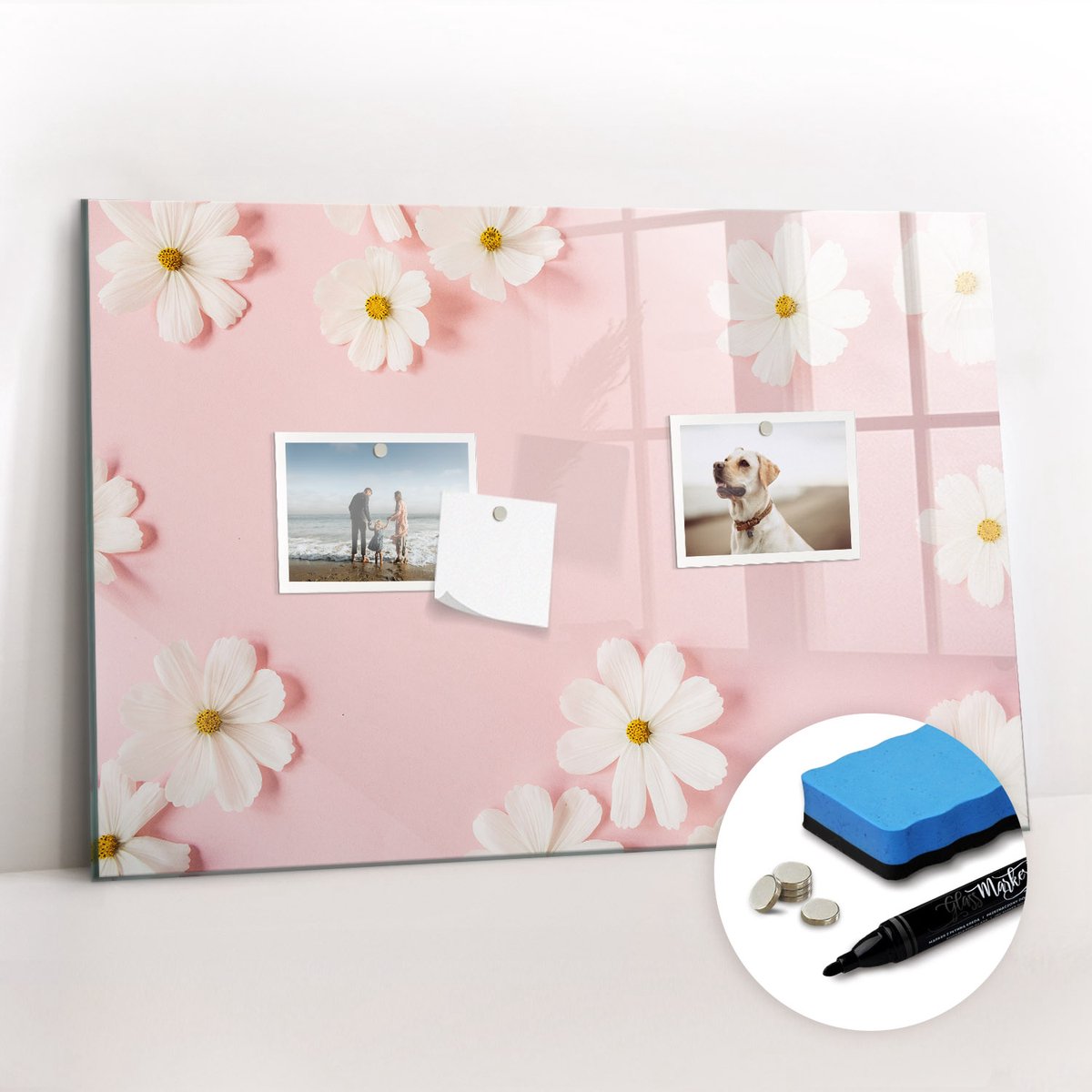 Tulup Whitebord - Madeliefjes - 60 x 40 cm - Roze Magnetisch Wandbord - Gratis 5 Sterke Magneten + Whiteboard Marker & Wisser - Interieur Accessoires Kantoor - Magneetbord Design - Planning Muur