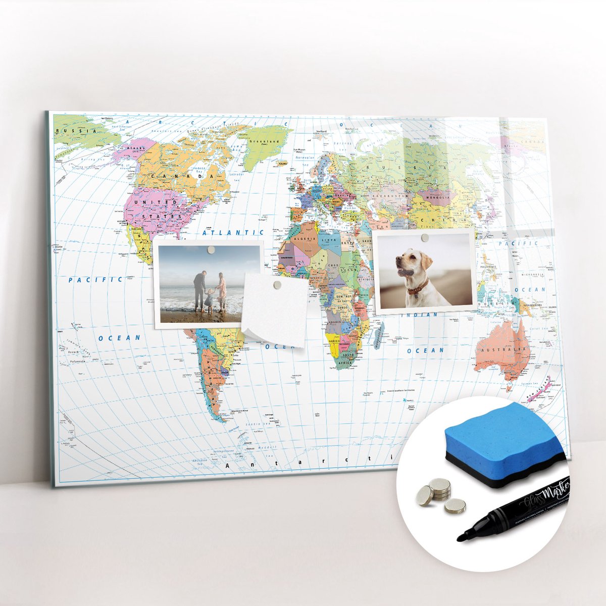 Tulup Whitebord - Politieke wereldkaart in kleur - 60 x 40 cm - Veelkleurig Magnetisch Bord Kind - Gratis 5 Sterke Magneten + Whiteboard Marker & Wisser - Moderne Wanddecoratie - Memobord Glas - Organiseer Je Bureau