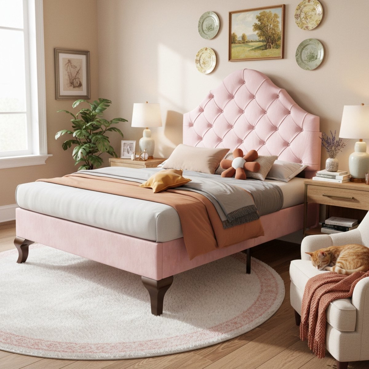 Gestoffeerd Bed 90x200 cm - Velvet Eenpersoonsbed Met Verstelbaar Hoofdbord Roze