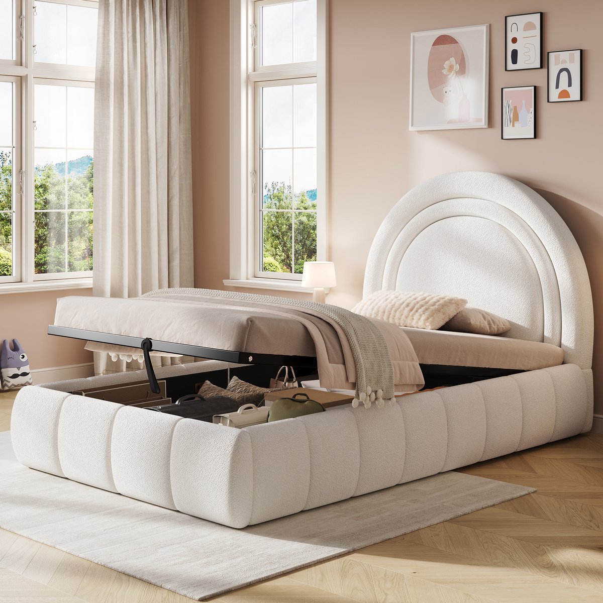 Polsterbett 90 x 200cm met Stauraum - Kinderbed met Hydraulische Functie - Beige