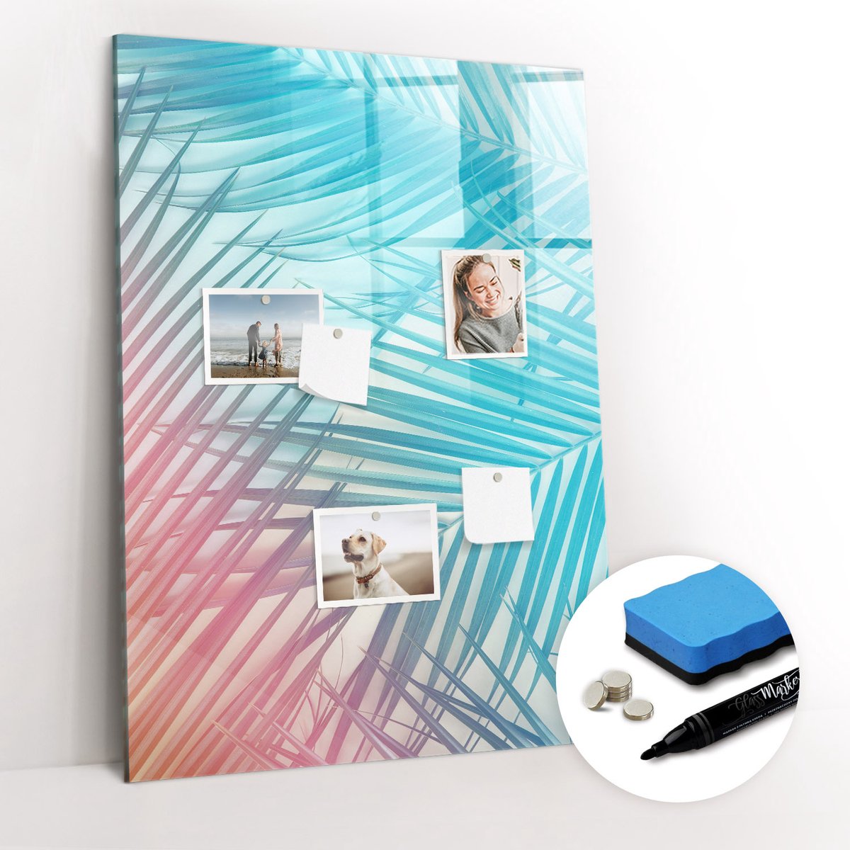 Tulup Whitebord - Palmbladeren - 70 x 100 cm - Blauw Magneetbord Rechthoekig - Gratis 5 Sterke Magneten + Whiteboard Marker & Wisser - Design Memobord - Foto Magneetbord - Ideeënbord Thuiswerkplek