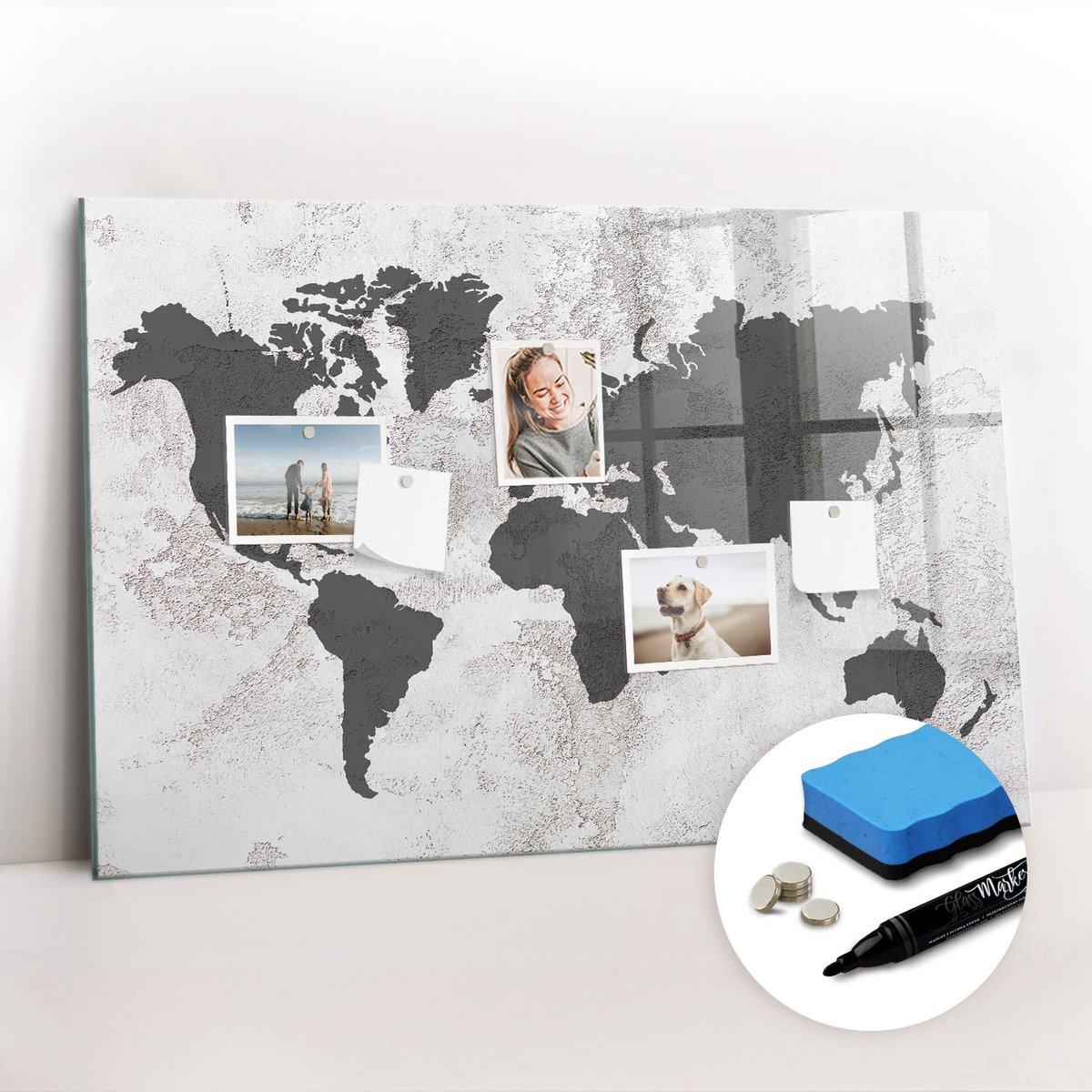 Tulup Whitebord - Concrete wereldkaart - 90 x 60 cm - Grijs Magneetbord Rechthoekig - Gratis 5 Sterke Magneten + Whiteboard Marker & Wisser - Interieur Accessoires Kantoor - Memo Magneetbord - Inspiratiebord Kantoor