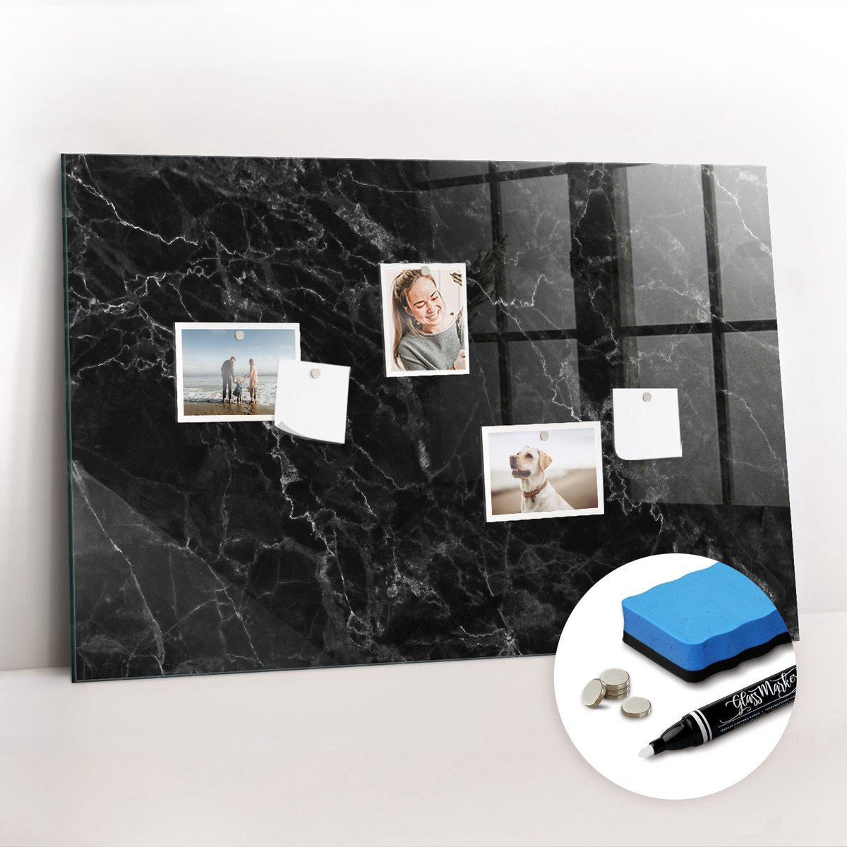 Tulup Whitebord - Donker marmer - 90 x 60 cm - Zwart Magneetbord Foto - Gratis 5 Sterke Magneten + Whiteboard Marker & Wisser - Industrieel Wandbord - Magneetbord Foto - Productiviteit Tools