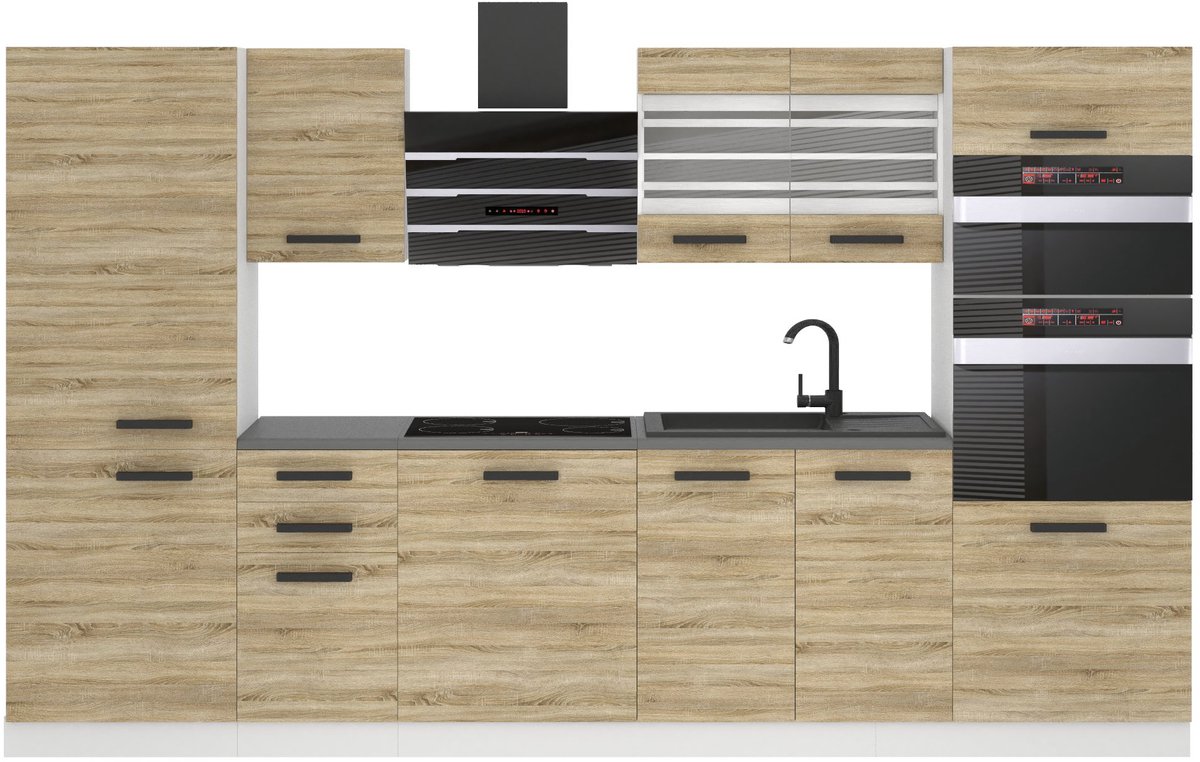 BELINI Keukenblok MILA - Keukenmeubel Set 300 cm Sonoma Eiken zonder Werkbladen - Boven- en Onderkasten