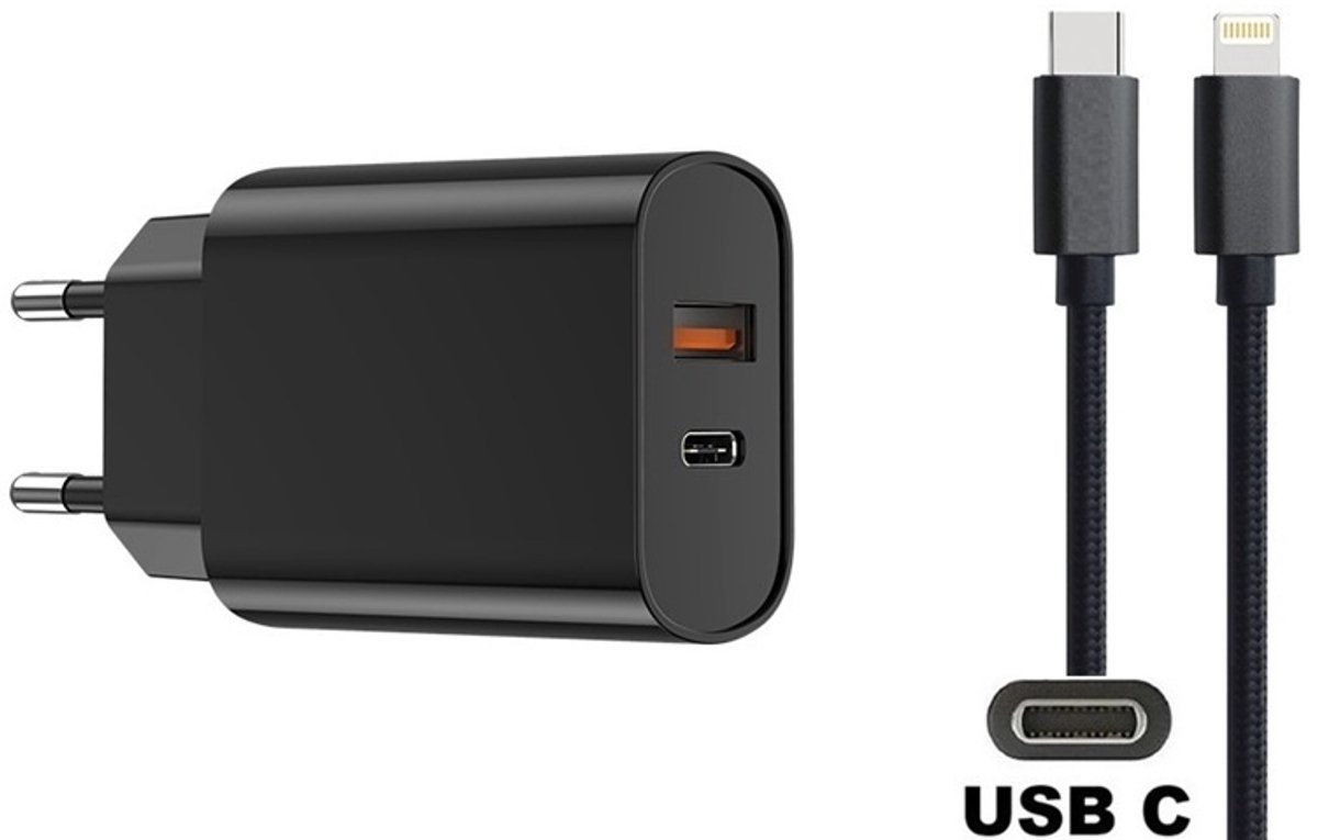 OneOne 20W snellader met 2 poorten en screenprotector van glas voor iPhone 13 Pro Max en iPhone 14 Plus + 1,5m USB C naar Lightning kabel. PD lader. Universele oplader adapter. Glazen screenprotector past op Apple iPhone 13 Pro Max & iPhone 14 Plus