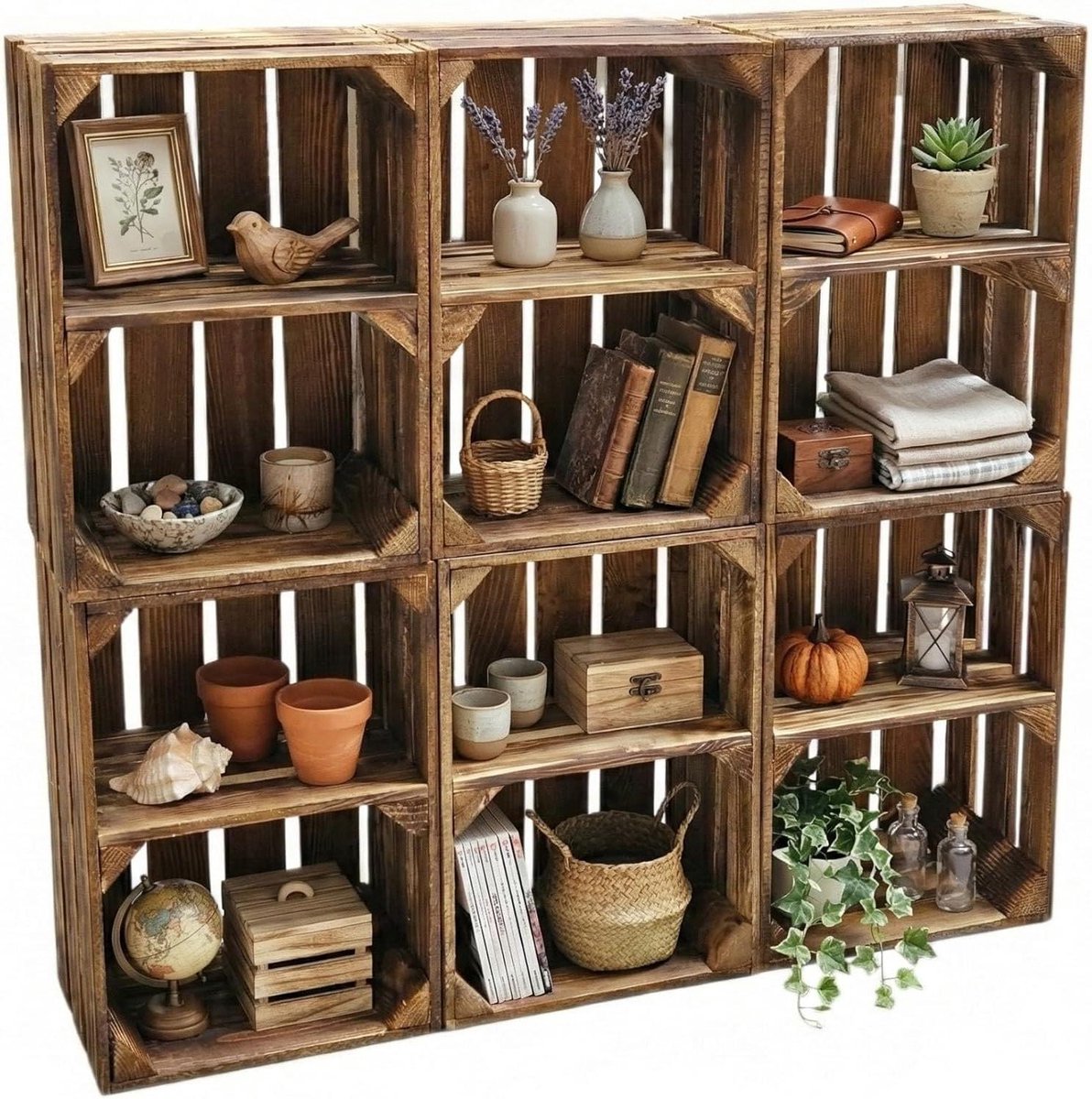 Houten Kisten - Opbergkisten Hout - Decoratief Opbergen - Gevlamde Rustieke Look - 40 x 30 x 25 cm
