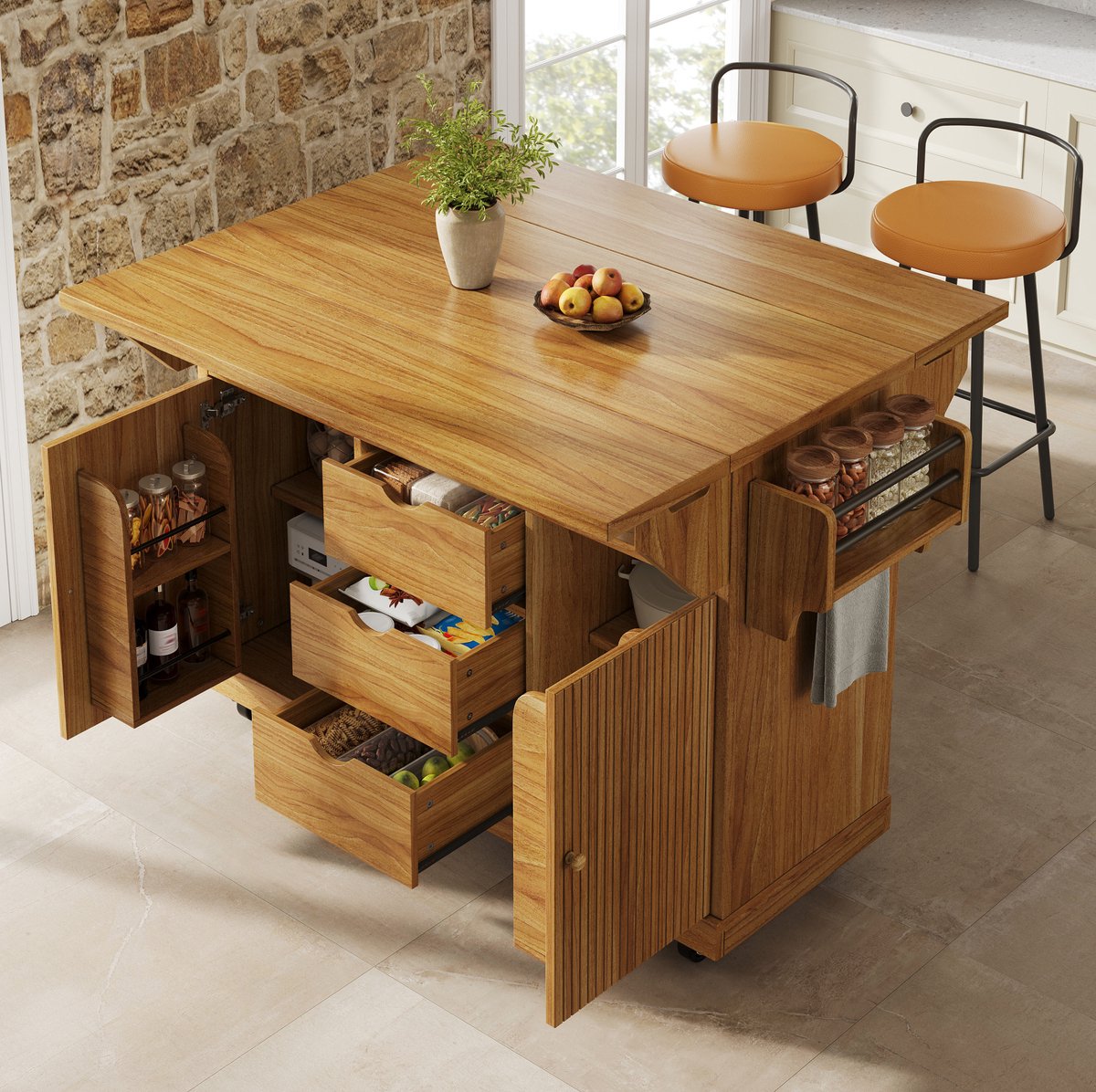 FloraGrace Keukenwagen Met Opklapbare Verlengbladen En 3 Lades Voor Keuken En Eetkamer Donkerbruin MDF 142 5 X 80 X 95 Cm