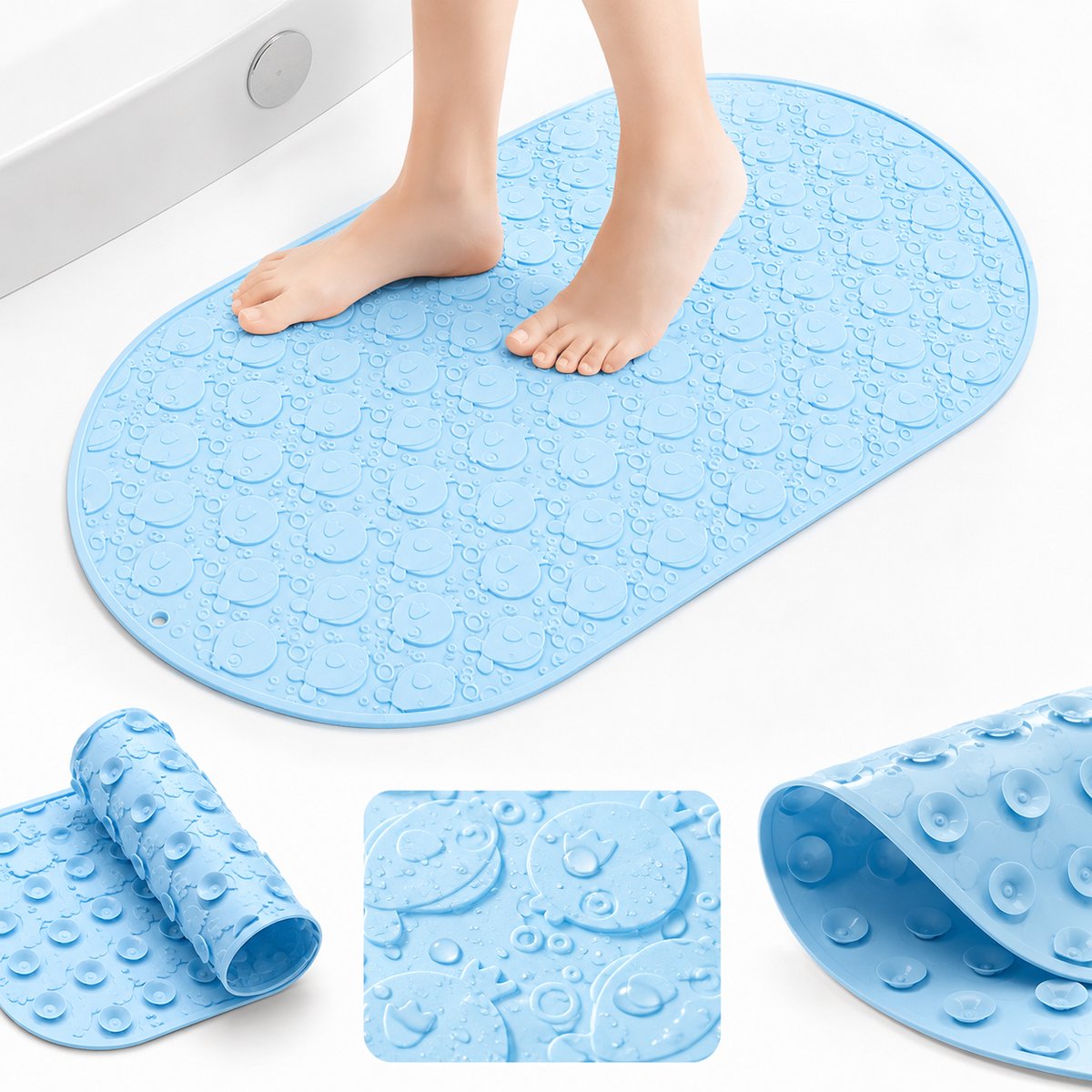 Siliconen Antislip Badmat - Comfortabele Douchemat met Zuignappen - Badkamermat voor Kinderen en Ouderen - Machinewasbaar - 58x34cm - Blauw