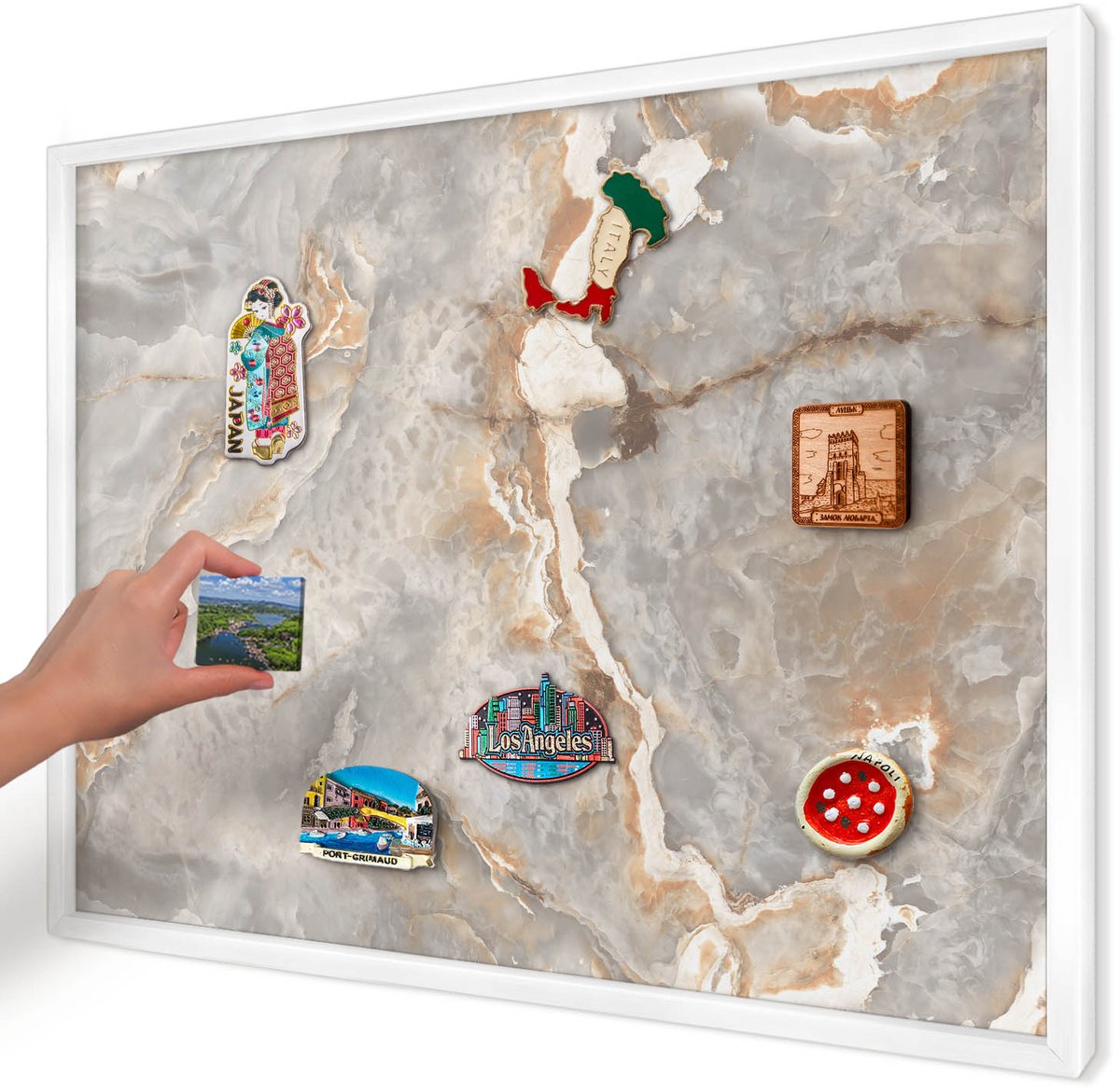 Artprintcave Grijs Magneetbord mit Witte Lijst - 70x50 cm - Marmeren Elegantie Bord Voor Magneten - Modern Memobord Keuken - Texturen