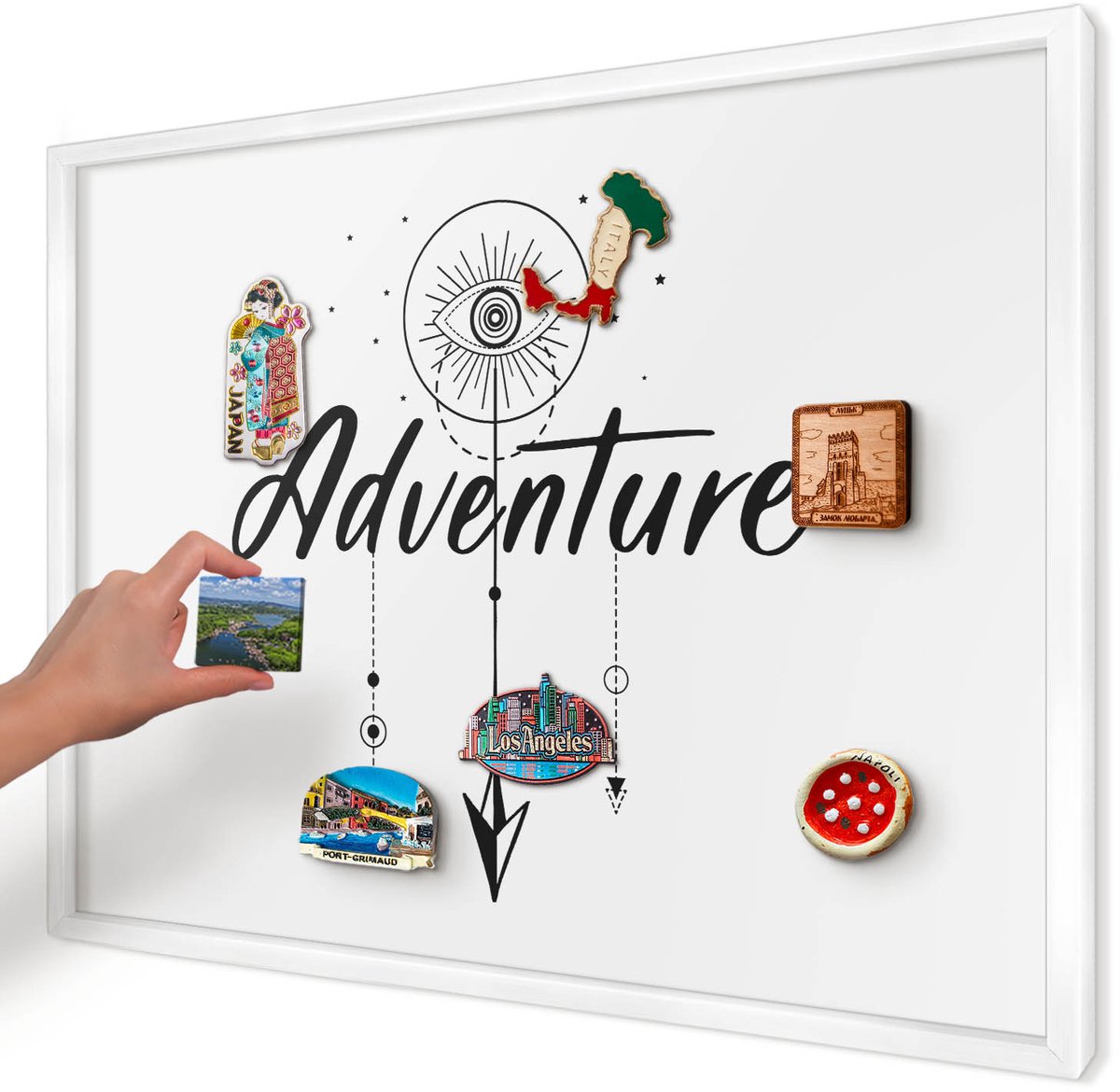 Artprintcave Wit Magneetbord mit Witte Lijst - 70x50 cm - Avontuurthema Wandbord Magnetisch - Minimalist Magnetisch Bord - Teksten