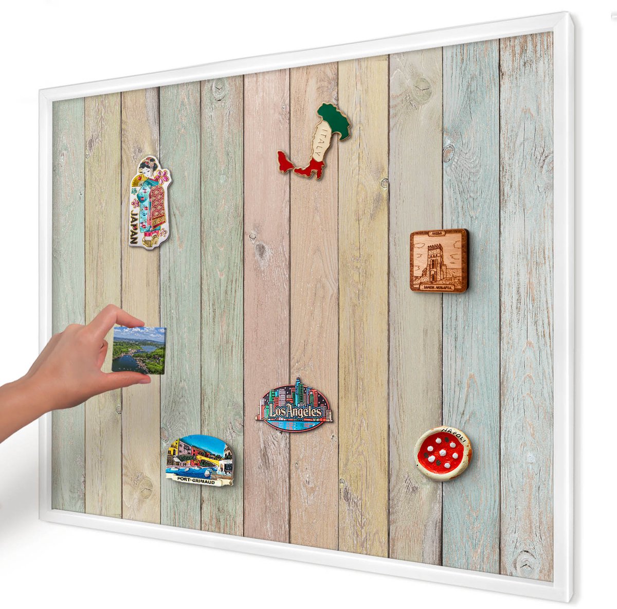 Artprintcave Groente Magneetbord mit Witte Lijst - 80x60 cm - Rustieke Planken Notitiebord - Rustiek Magneet Bord mit Frame - Texturen