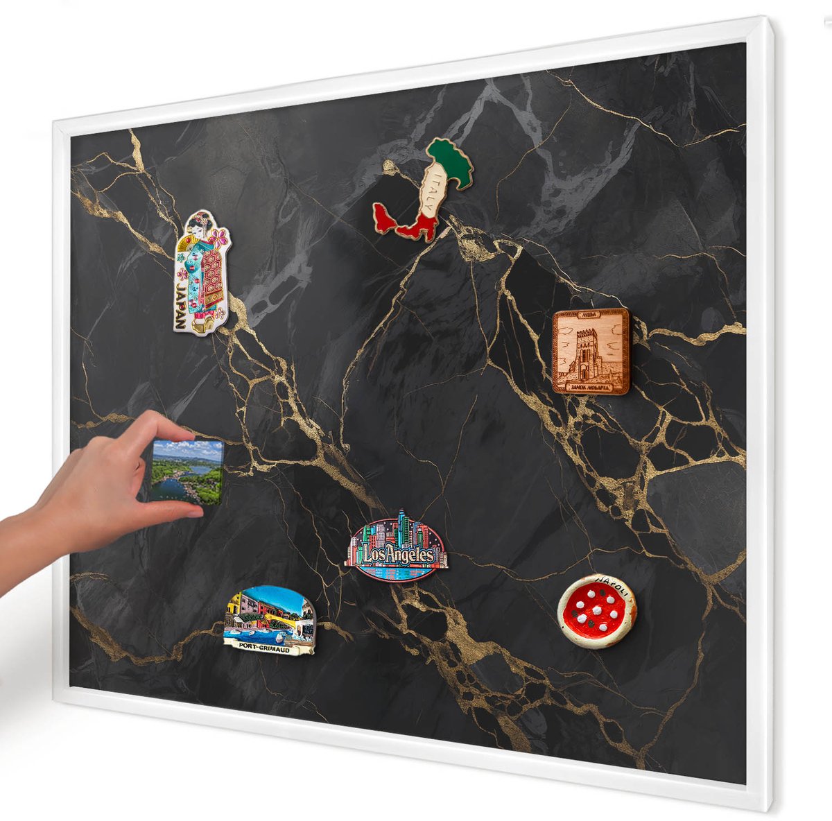 Artprintcave Zwart Magneetbord mit Witte Lijst - 80x60 cm - Zwart Marmer Magneetbord Voor Keuken - Modern Memobord Keuken - Texturen