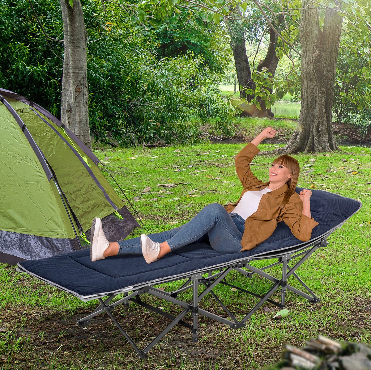 COVREO Campingbed 188x64,5x53 cm donkerblauw, polyester inklapbaar
