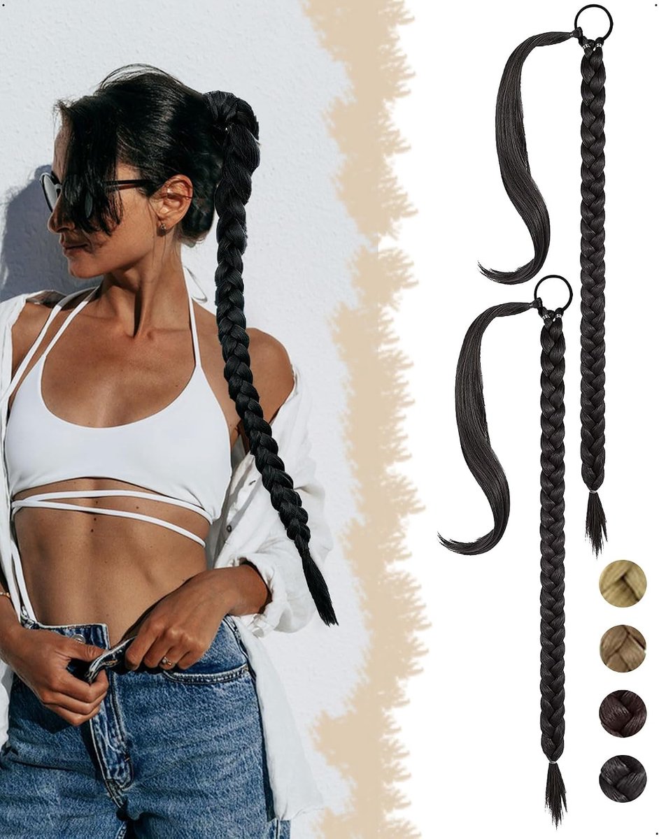 SnelShoppen - 2ST 76CM Verlenging Paardenstaart Gevlochten Haar Extensions, Lange Elastische Vlechten voor Natuurlijke Kapsels, Synthetisch, Zwart, Id