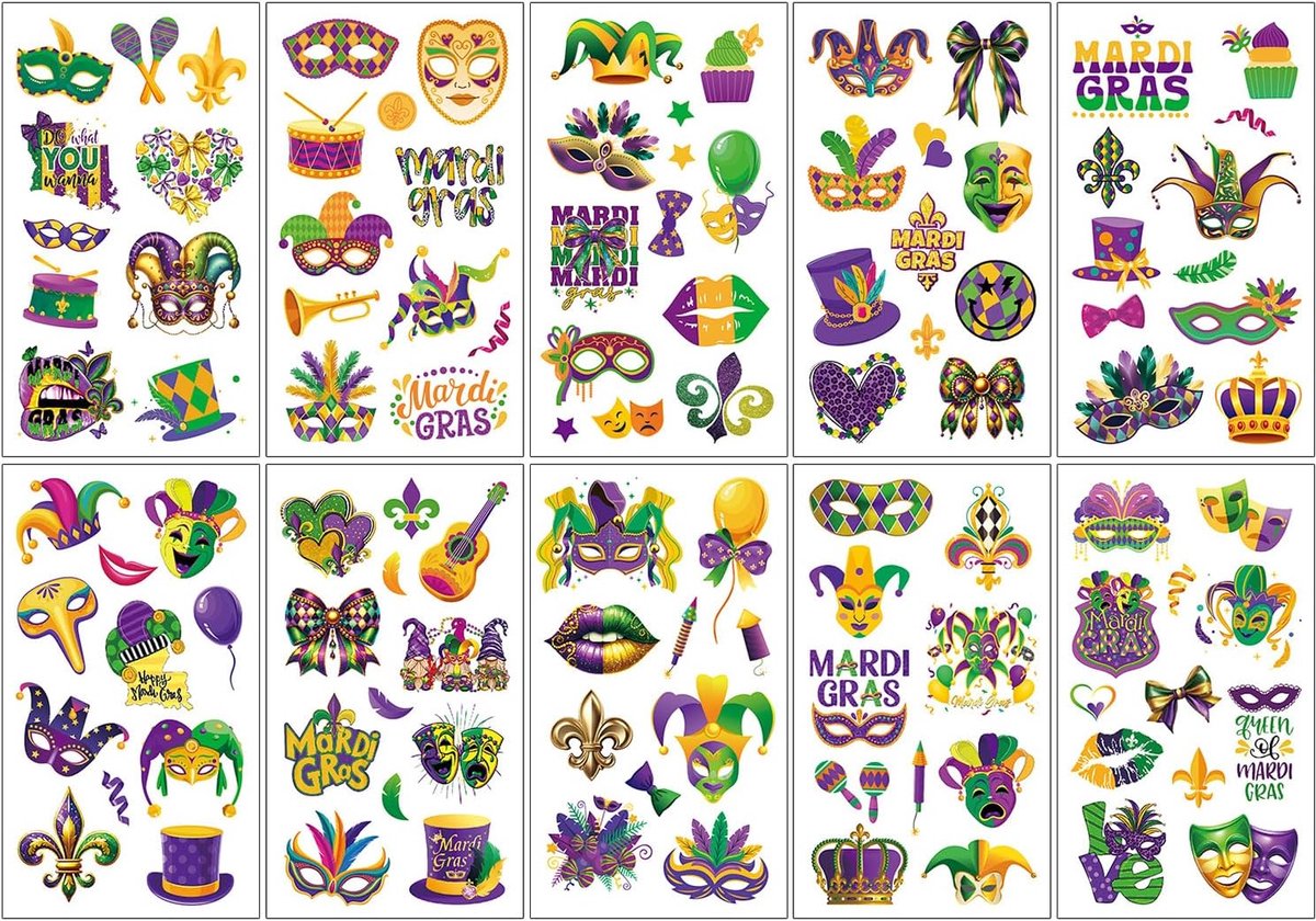 10 sheets of temporary tattoos for carnival, temporary stickers for carnival costume party, including clown and heart - ShopVlot