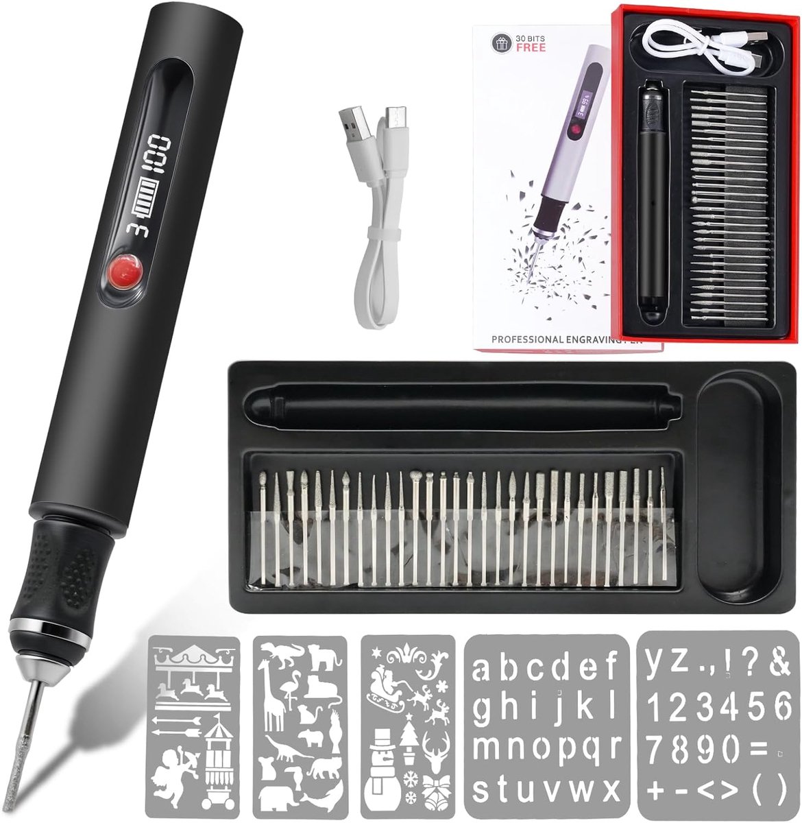 SnelShoppen - Draadloze Graveerpen, 30 Bits Elektrische Graveermachine, 3 Snelheden tot 25.000 RPM, USB Oplaadbare Multi-Functionele Graveerpen voor C