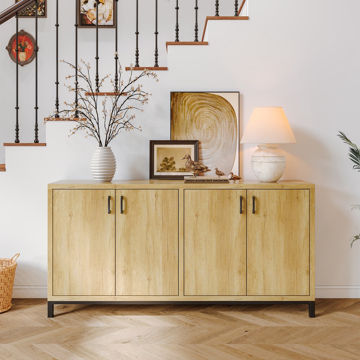 Dressoir 160x35x80 cm, buffetkast met 4 deuren en verstelbare planken, houten opbergkast voor woonkamer en hal, landelijke kast naturel
