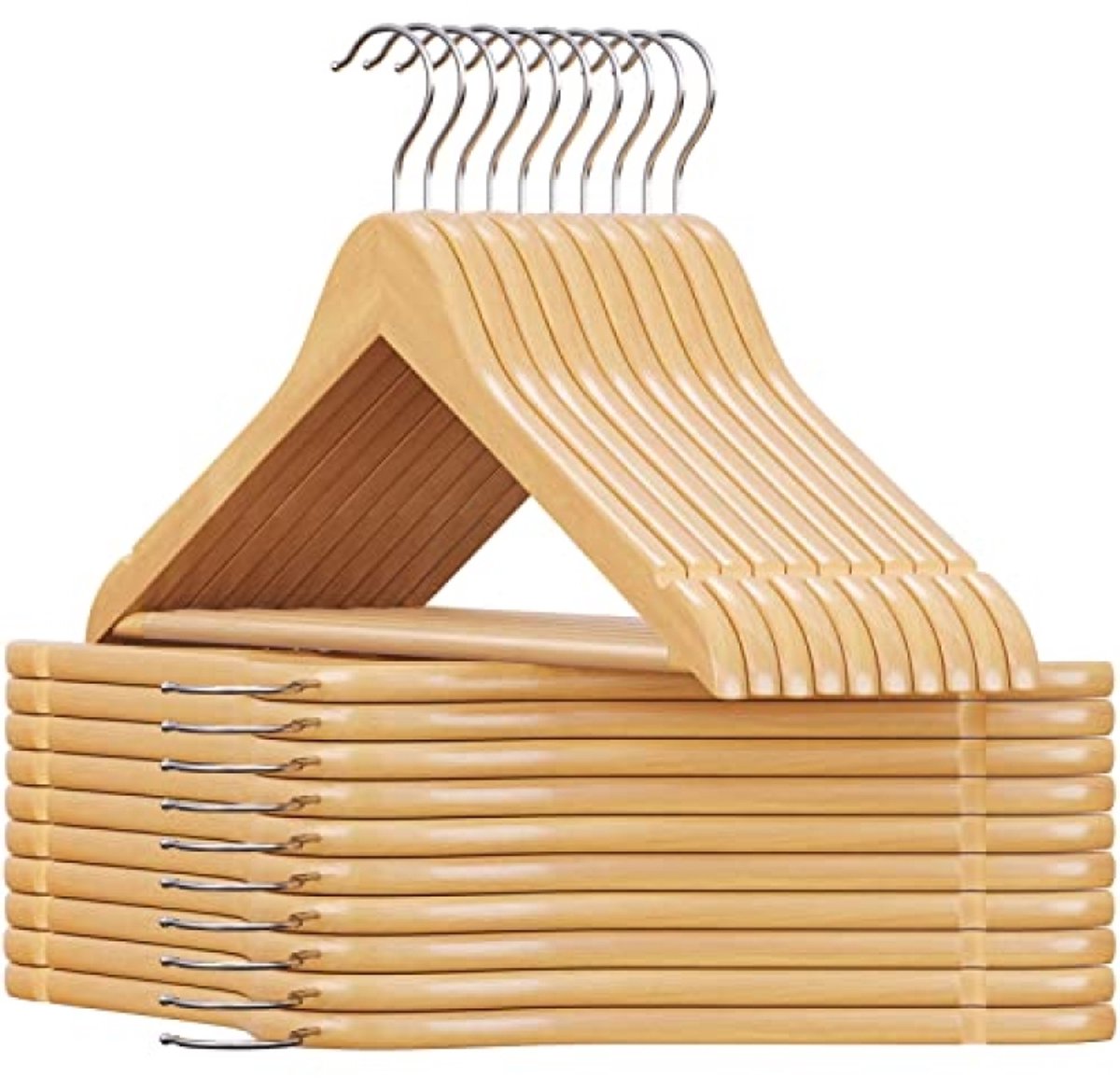 Huis Geluk Houten kleerhanger voor pakken - Set van 20 - Massief hout met inkepingen en anti-slip - 360° draaibare haak - Natuurlijk
