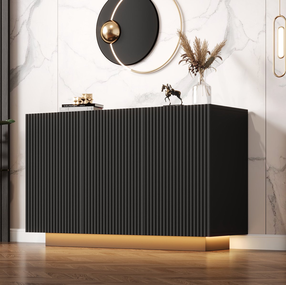 FloraGrace Dressoir - Led Verlichting Met Bluetooth Bediening - 3 Deuren Voor Woonkamer En Hal - MDF In Zwart Marmerlook - 120x40x75 Cm