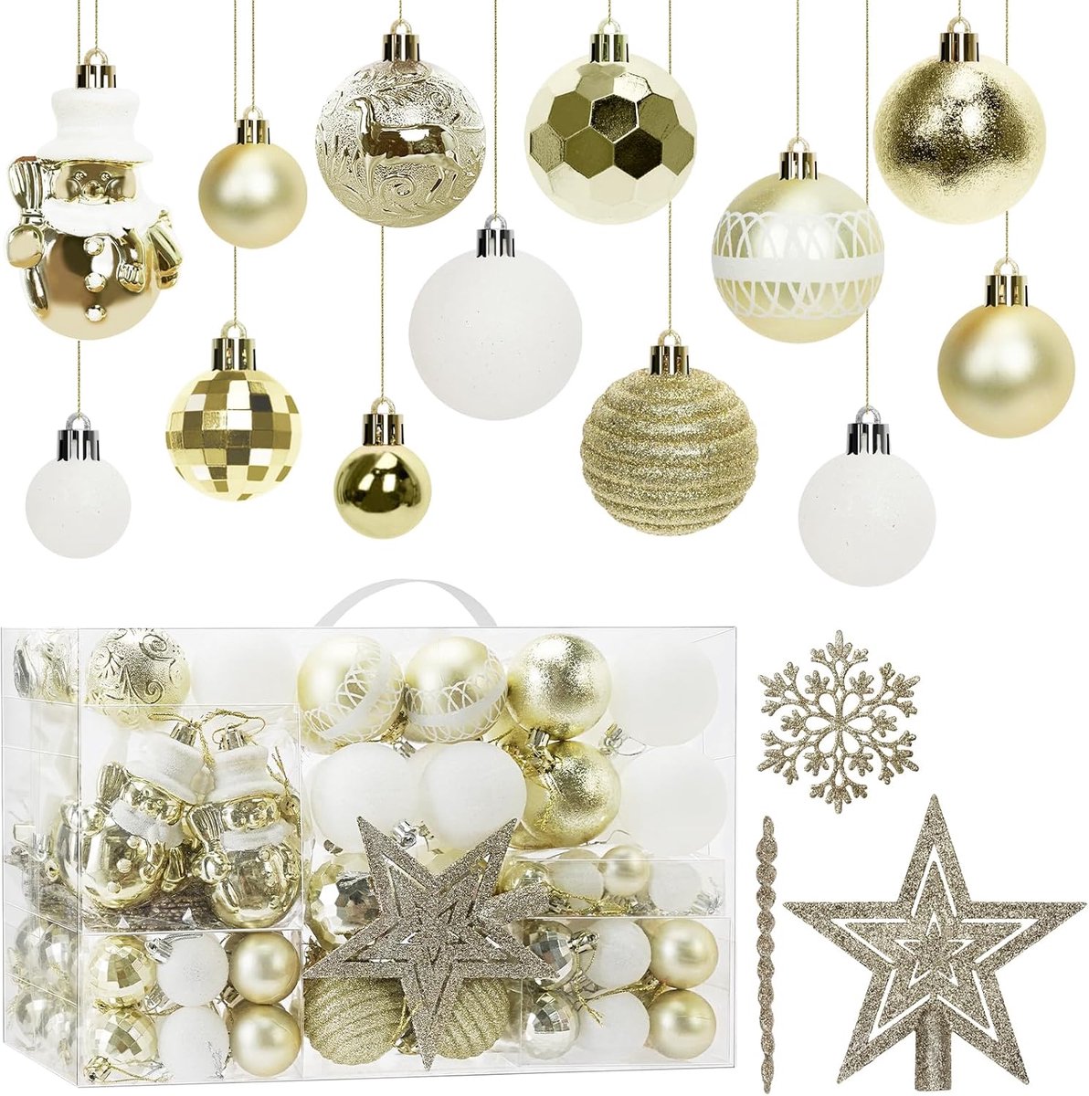 SnelShoppen - 102-delige kerstballen set, goud en wit, shatterproof, glanzend, matte en sprankelende afwerkingen, perfect voor kerstboom versiering