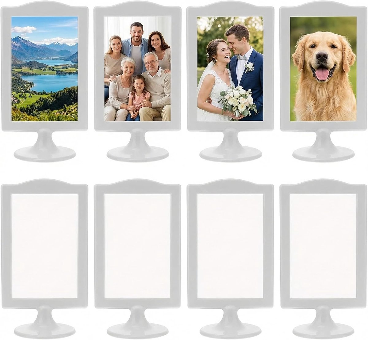 SnelShoppen - Set van 8 Dubbelzijdige Staande Fotolijsten - Elegante Witte Kunststof Fotolijsten voor Thuis, Feest, en Speciale Gelegenheden
