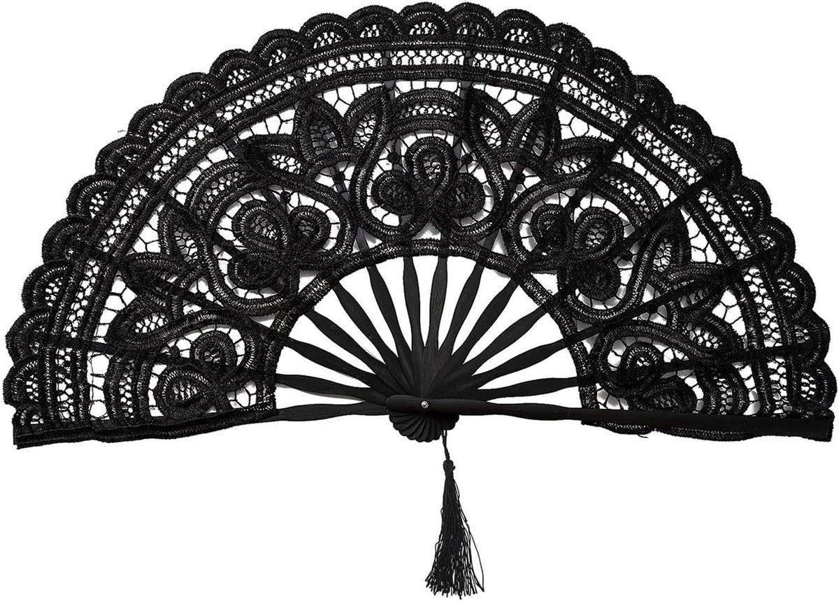 SnelShoppen - Hand Fan Bruidsfan Kant Met Kwastjes - Vouwbare Zwart Houten Handventilator - Voor Feest, Dans, Bruiloft Decoratie - 27cm