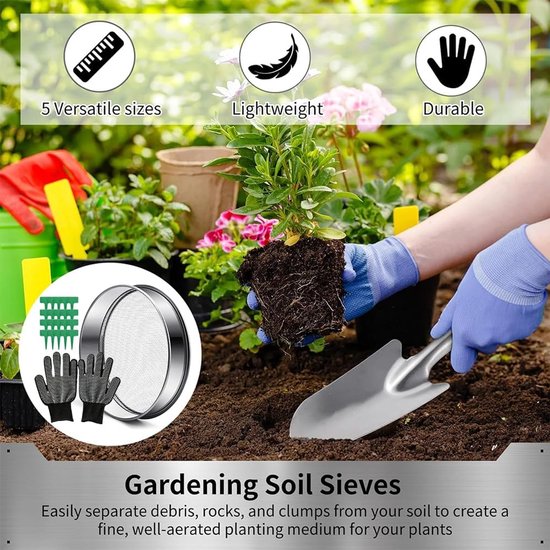 SnelShoppen - Ronde Tuinzeef 5-in-1 RVS met 5 Verwisselbare Zeefinserts 3, 6, 9, 10, 12 mm, Compostzeef, Tuinschep en 20 Plantlabels met Tuinhandschoe — afbeelding 4