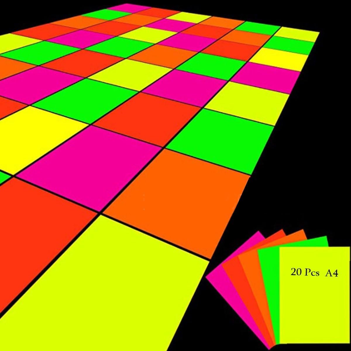 SnelShoppen - Fluorescent A4 Papier 20 Vellen in 5 Kleuren - Neon Decoratie voor Feesten, UV Effect, Hoge Kwaliteit, Perfect voor Party's en Creatief