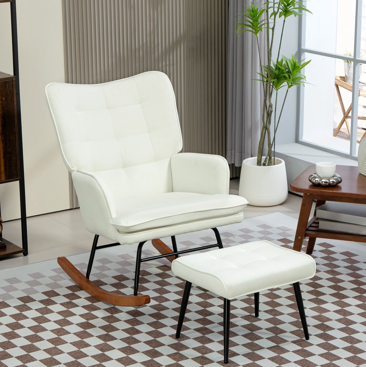 COVREO Schommelstoel met hocker 64x89x90 cm cream white, stof met armleuningen