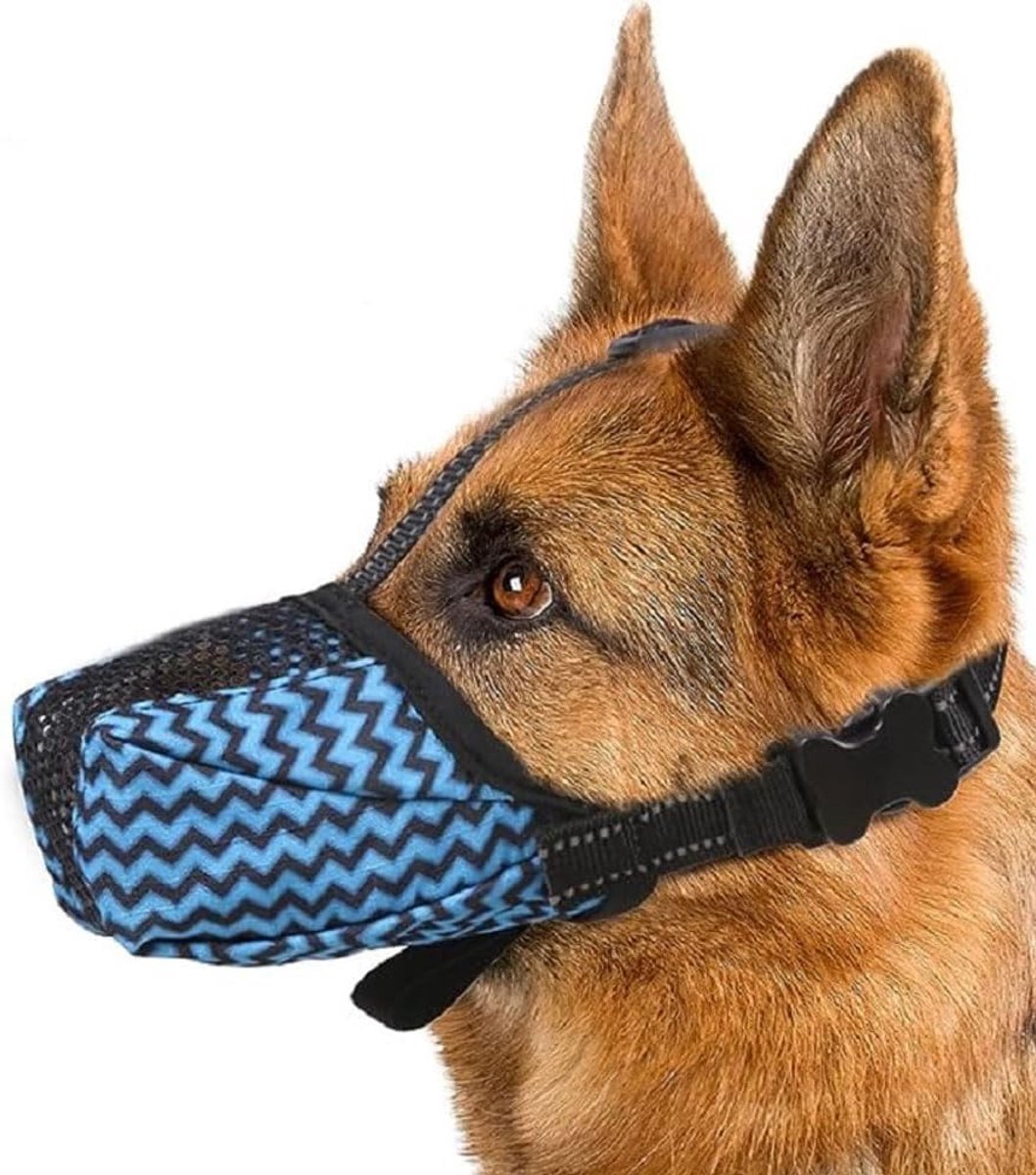 SnelShoppen - Hondentuigje Zacht Ademend Hondentuigje Verstelbaar Anti Blaffen Bijten Hond Groot Middel Klein (Blauw, L)
