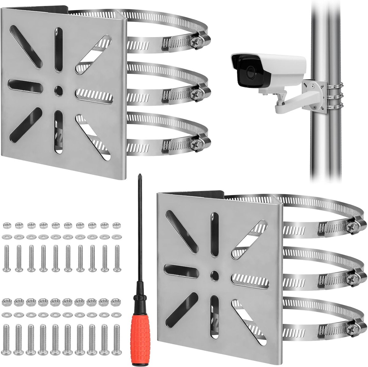 SnelShoppen - 2 Sets RVS Camera Beugels Buiten, Universele Wandbevestiging voor Beveiligingscamera's, 6 Lussen, Stevige Gootsteun, Mastbeugels voor Bu