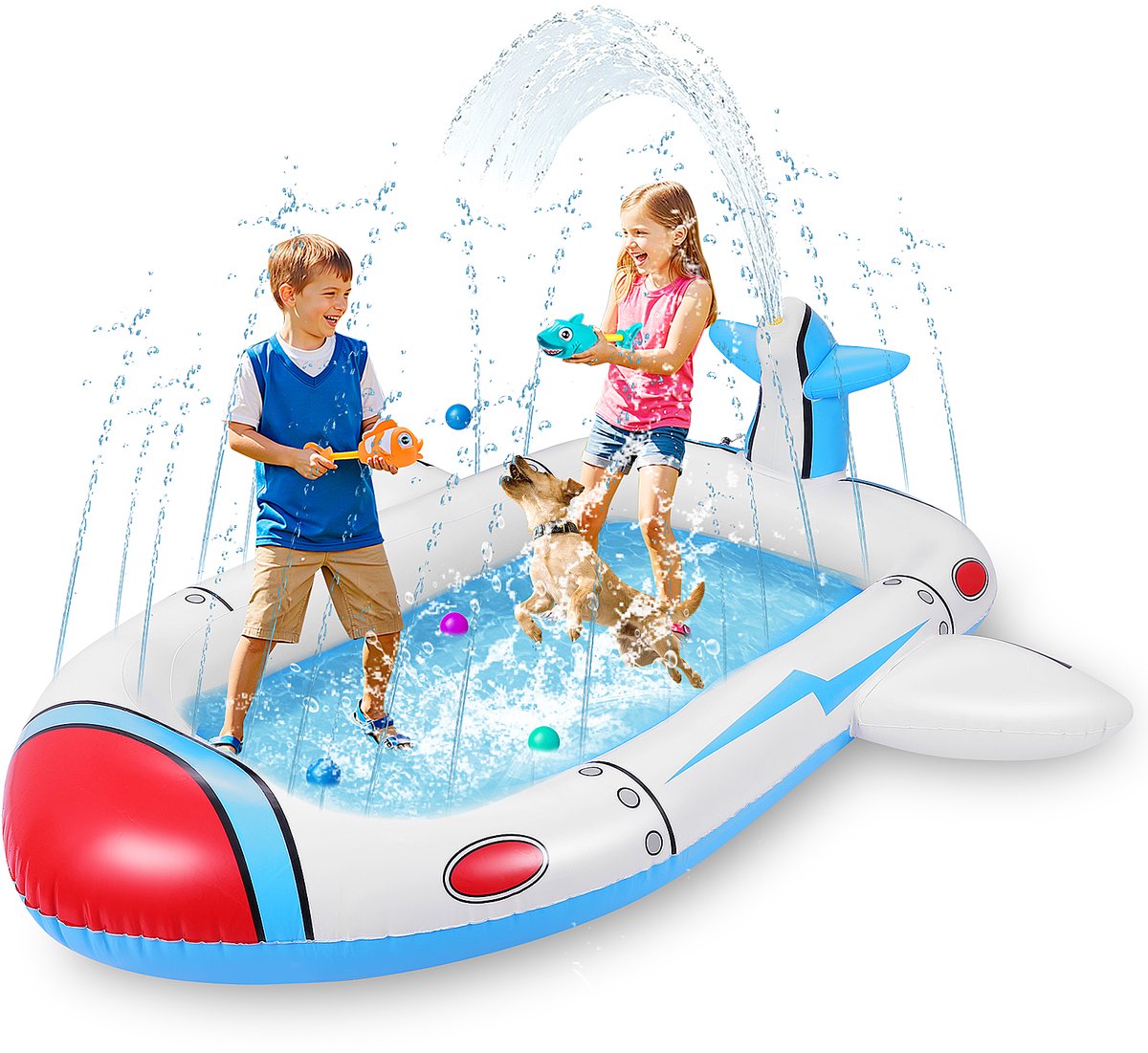 Opblaasbaar Vliegtuig Zwembad voor Kinderen – 3-in-1 Sprinkler Waterspeelmat – Incl. Waterslangaansluiting – Geschikt voor Tuin, Strand & Achtertuin