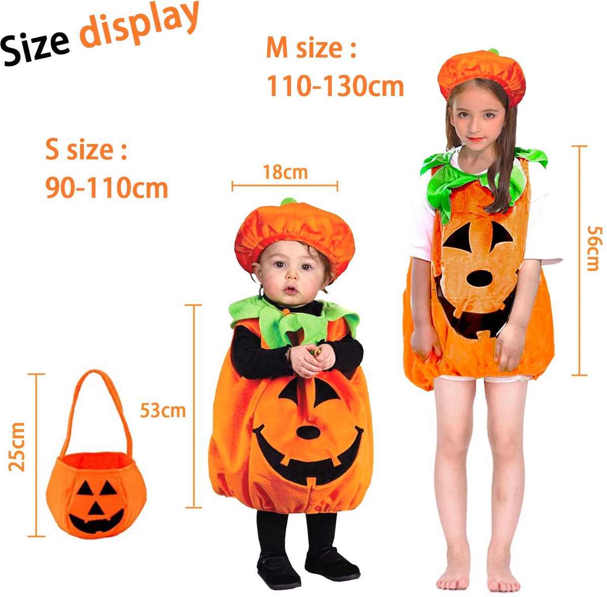 Geweo Halloween Pompoenpak voor Kinderen, Pompoenkostuum met Halloween Snoepzak en Muts, Verkledijkostuum voor Jongens en Meisjes (110CM)
