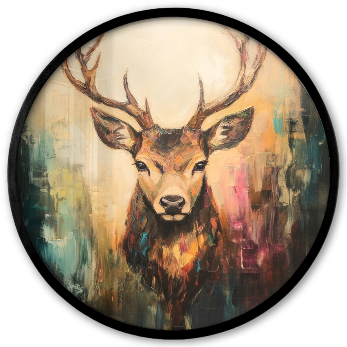 FrameYourWall Poster in lijst Rond - Fotolijst 40x40 cm - Posters - Hert - Geverfd - Gewei - Bruin - Ronde posterlijst zwart - Decoratie - Wanddecoratie woonkamer - Muurdecoratie slaapkamer Hert - Gewei - Verf