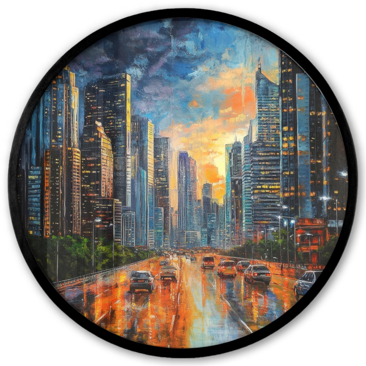 FrameYourWall Poster in lijst Rond - Fotolijst 40x40 cm - Posters - Auto - Skyline - Zon - Blauw - Ronde posterlijst zwart - Decoratie - Wanddecoratie woonkamer - Muurdecoratie slaapkamer Auto - Gebouwen